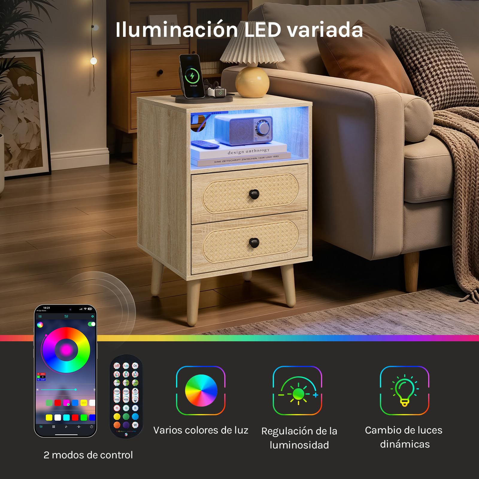 WOLTU Mesita de Noche con Luz LED, Mesa Auxiliar con Regleta
