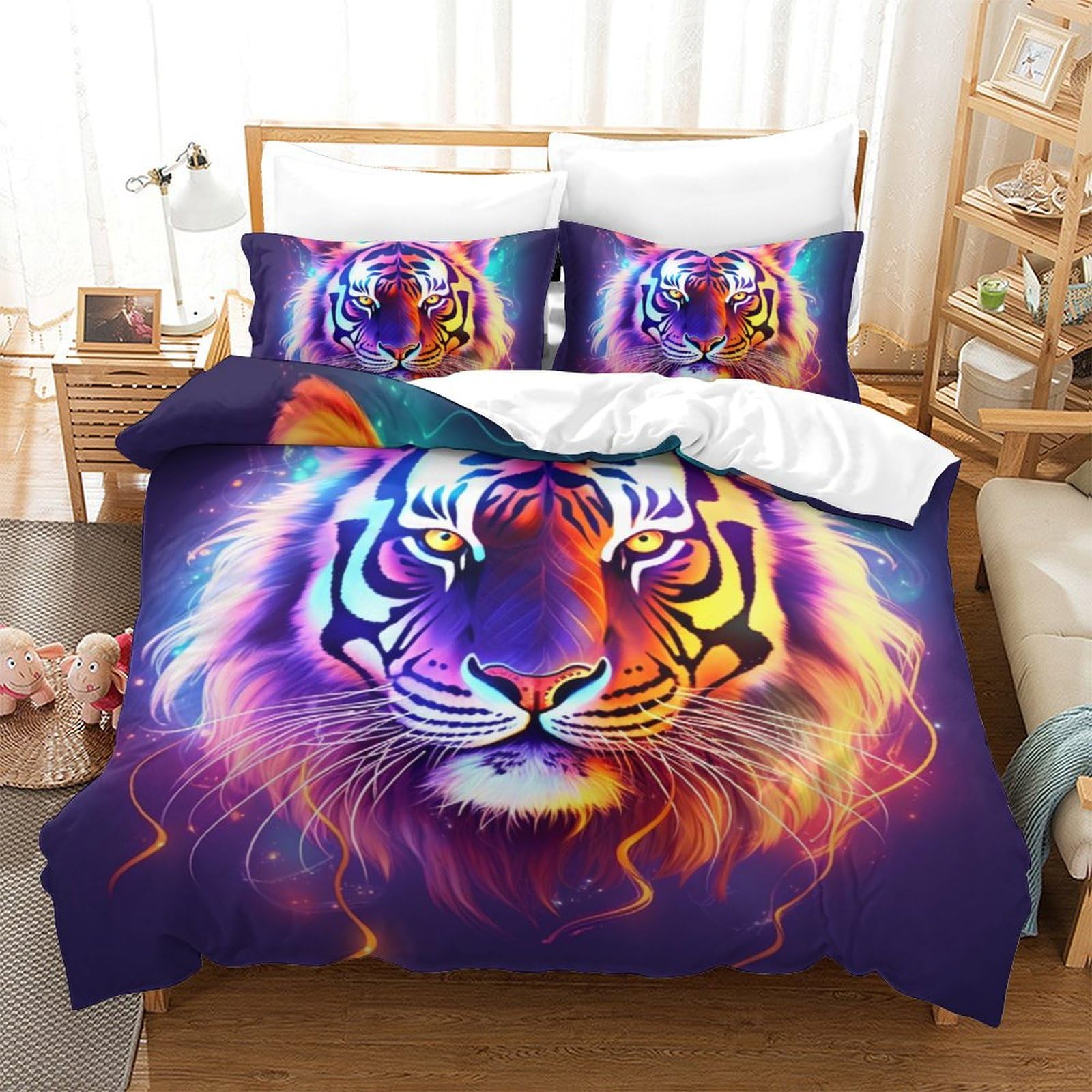 VUDBELAFC Bedding Duvet Cover Set Tiger Microfibre Comforter Cover 3D Print Quilt Cover with 3 Piece Set Pillowcases for Children, Adults King（220x240cm）