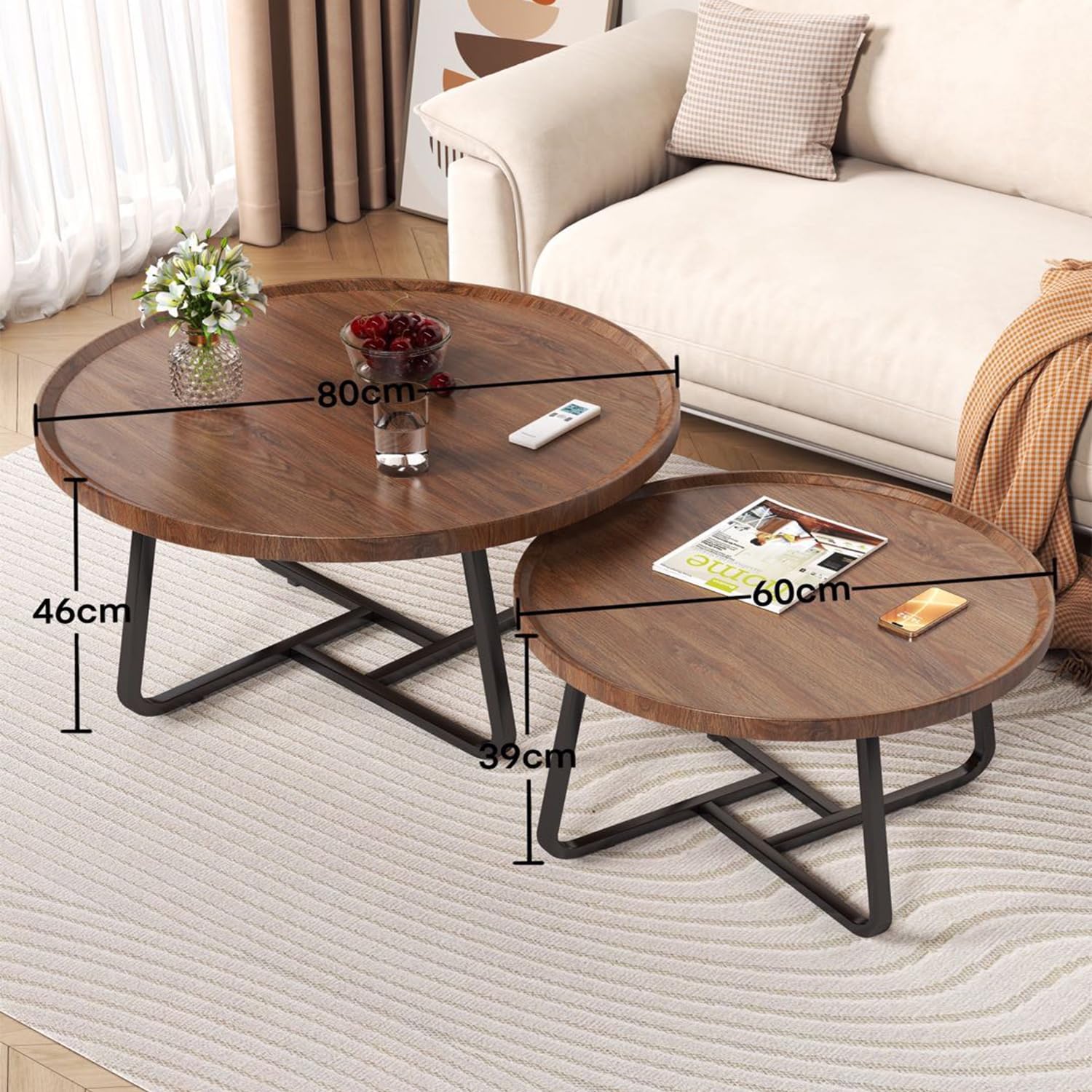 2 PCS Coffee Table, Durable Mid Century Small Round Coffee Tables for Living Room, Easy Assembly Modern Nesting Coffee Tables Set, Circle Side Tables for Sofa Bedside Balcony