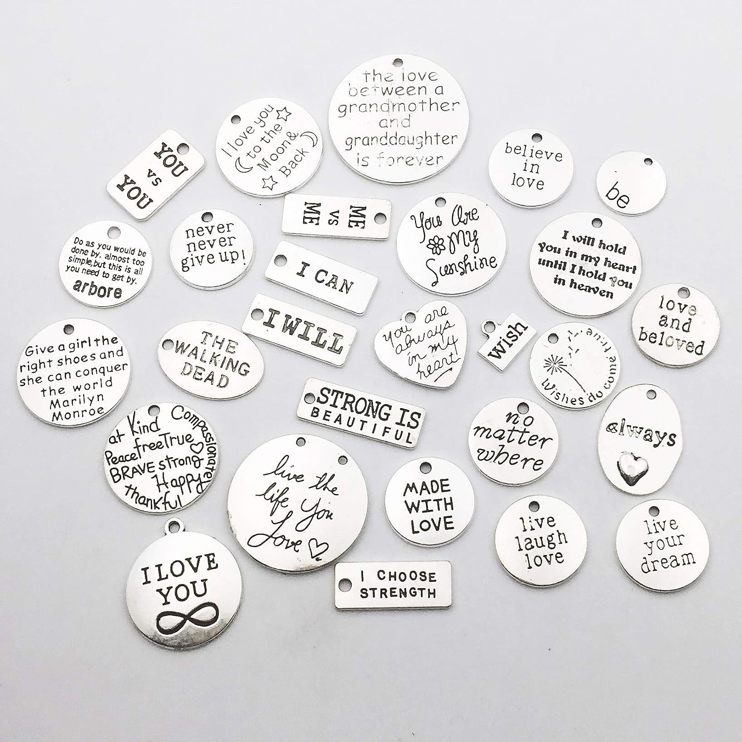 30pcs Inspiration Words Charms Craft Supplies Mixed Pendants Beads Charms Pendants for Crafting Jewelry Findings Making Accessory for DIY Necklace Bracelet (Antique Silver)