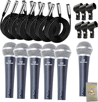 Fat Toad 6-Pack Vocal Microphones Live ResponsePRO Edition Dynamic Cardioid Mics with Clips & 20ft XLR Cables for Studio Recording & Stage Karaoke