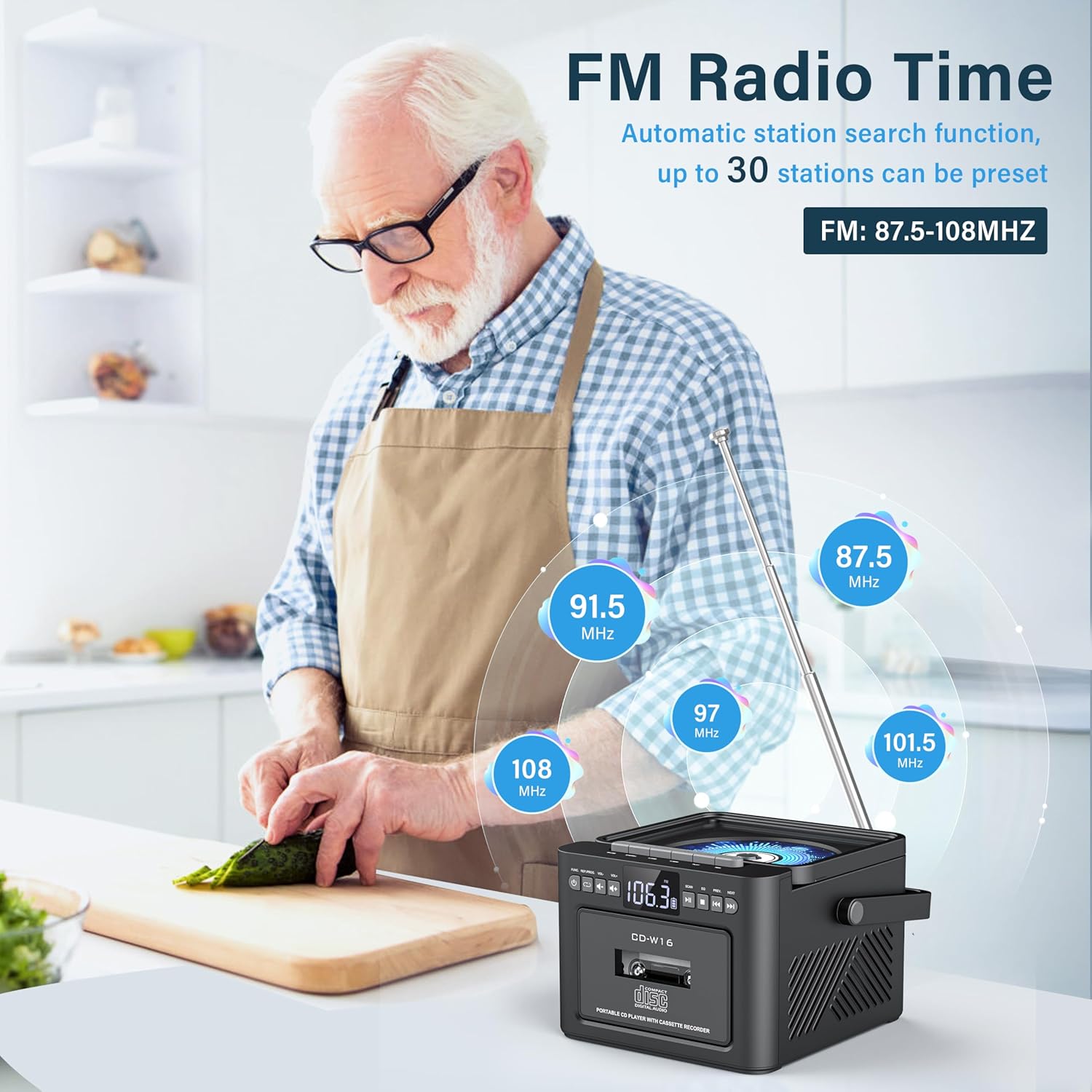 Man in a kitchen listening to the Greadio GB-W18 Boombox, with radio frequencies displayed around the antenna.