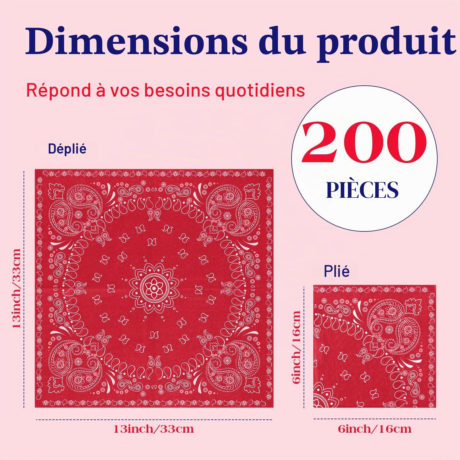 Teling Lot de 200 serviettes bandana occidentales 2 plis en papier jetables en vrac à imprimé cachemire pour fête d'anniversaire sur le thème des cowboys occidentaux, 16 x 16 cm (rouge)