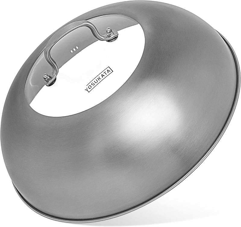 YOSUKATA Premium Stainless Steel Wok Lid 13.6 Inch For 14 In Wok | Dishwasher-Safe Lid with Tempered Glass - Steam Holes -Ergonomic Handle, Cheese Melting Dome for Griddle, Grill Basting Cover