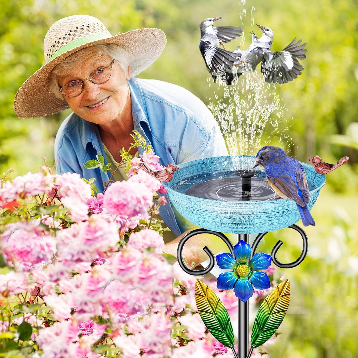 Metal Bird Bath for Outside, Freestanding Birdbaths Detachable Decoration Spa Birdfeeder, Bird Baths Feeder Bowl for Outdoors Garden Patio Yard Lawn Decor (Blue+Flower)