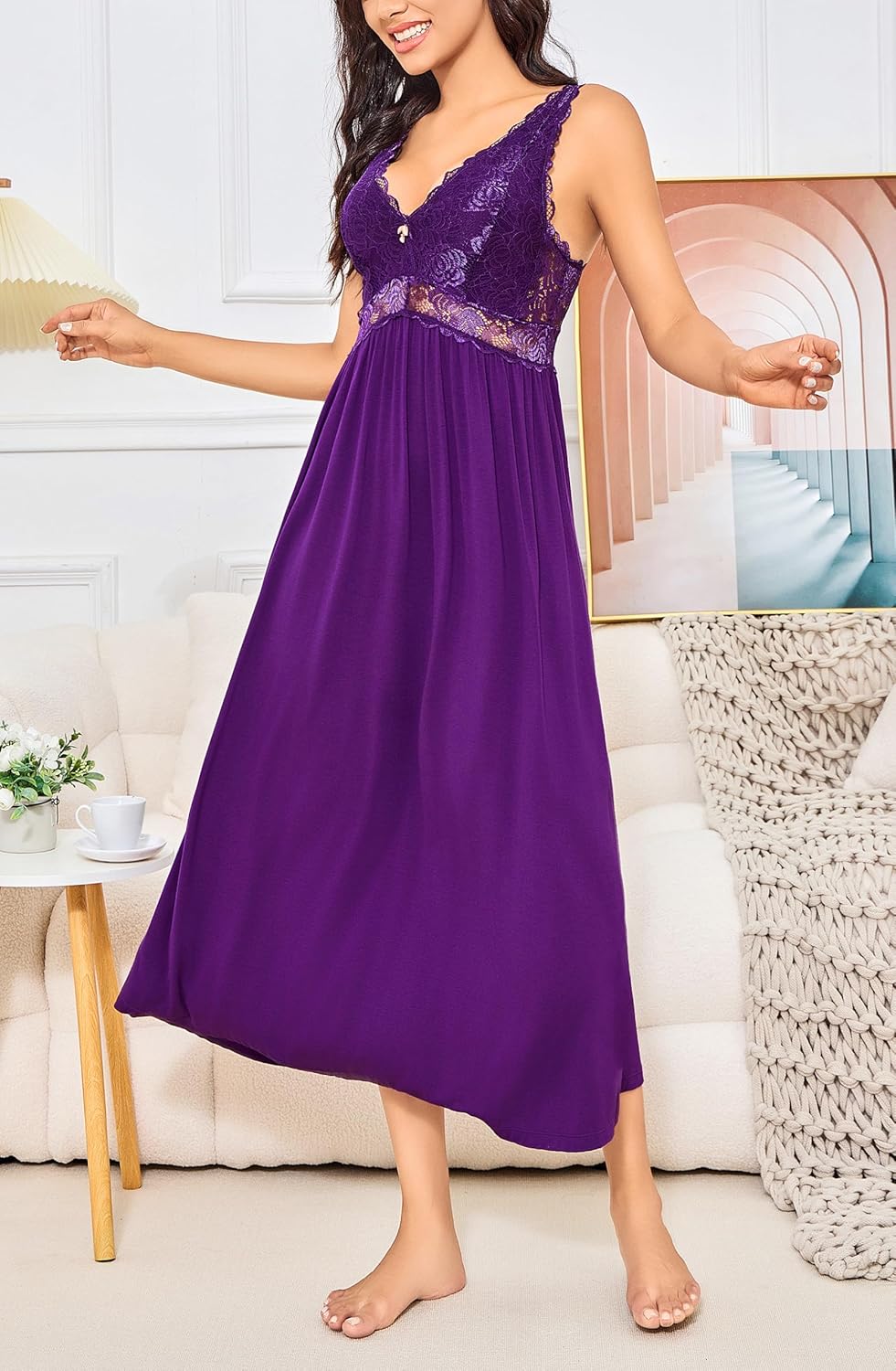 Mist Azur Womens Long Nightgowns Lace Sexy Lingerie V Neck Nightie Sleep Dress Sleeveless Sleepwear for Elegant Women