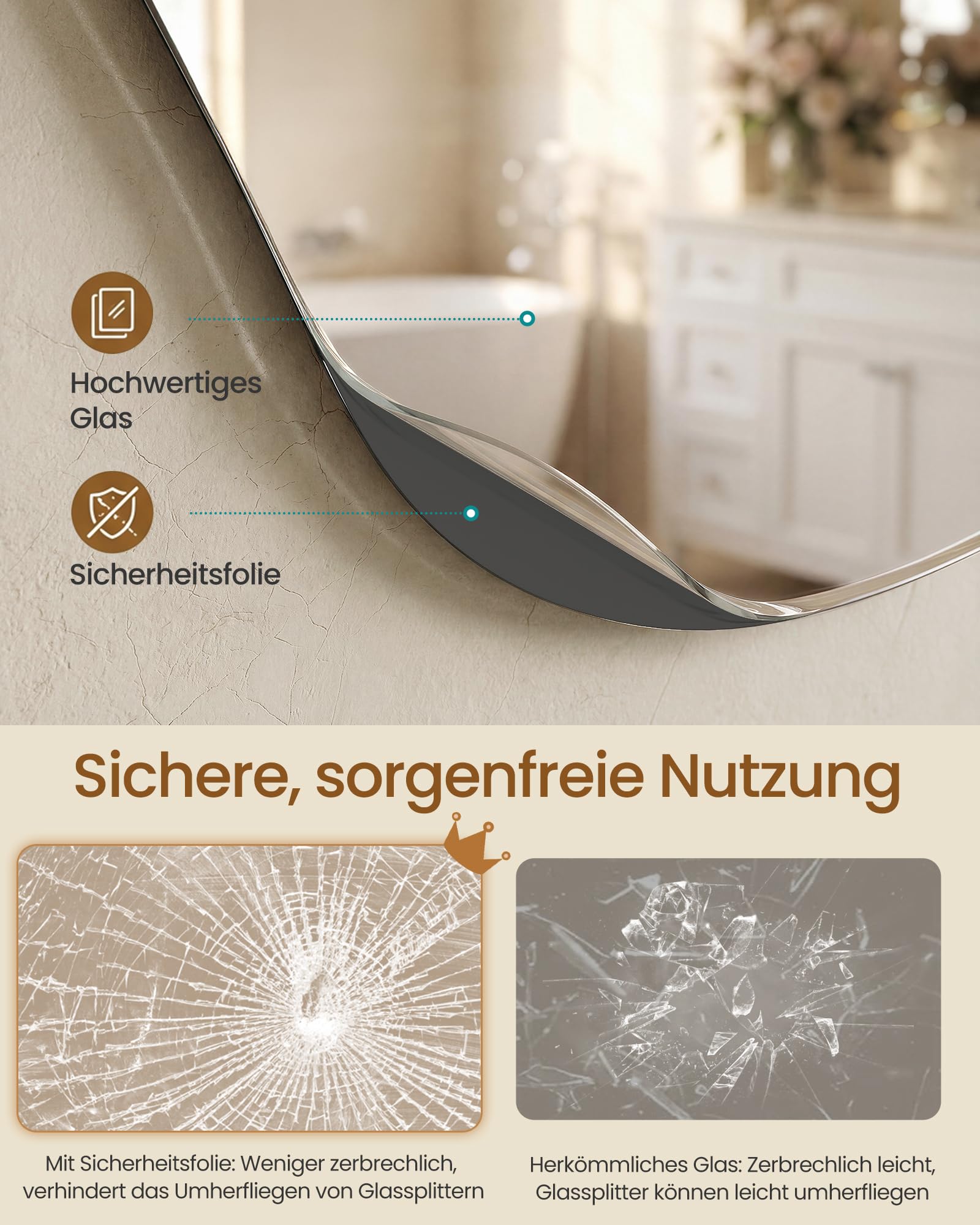 SONGMICS Asymmetrischer Spiegel, unregelmäßiger Wandspiegel, blütenblattförmiger Spiegel, 60 x 45 cm, dekorativ, Rahmenlos, für Eingangsbereich, Schlafzimmer, Badezimmer LWM020BD01 - 5