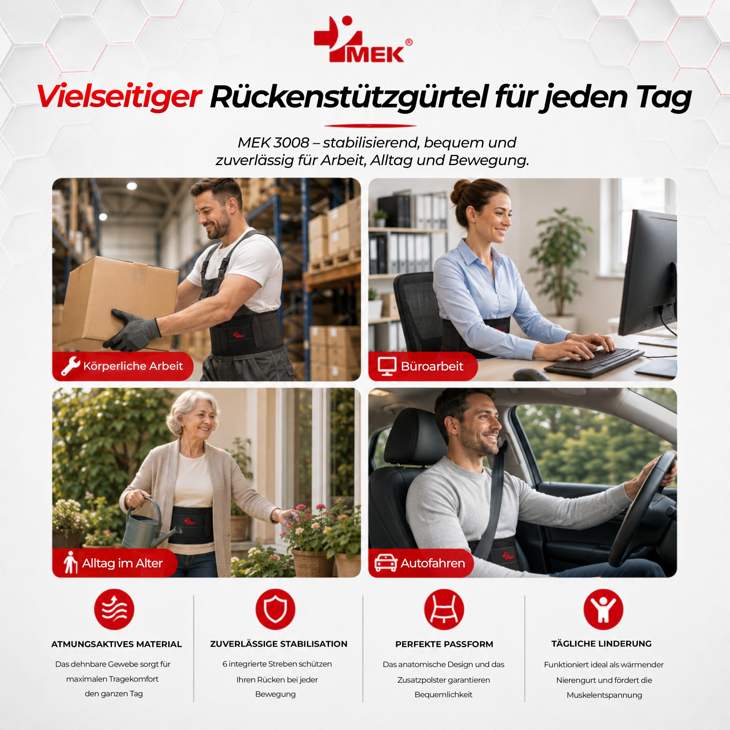 MEK Rückenstützgürtel mit 6 Stahlstreben & Lordosenpad - Medizinische Rückenbandage für Damen & Herren - Lendenwirbelstütze & Bandscheiben Gürtel zur Schmerzlinderung, 3008 Schwarz