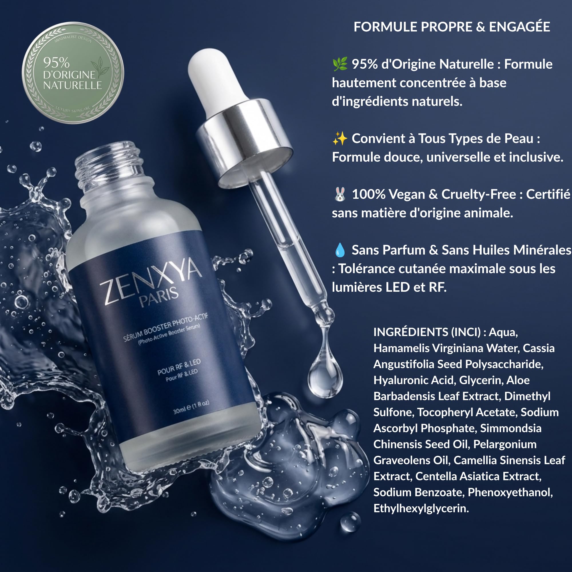 ZENXYA® PARIS – Sérum Booster Photo-Actif – Acide Hyaluronique Pur – Soin Universel Hommes & Femmes – Optimisé pour Radiofréquence (RF) & Appareils de soin LED – Anti-Âge Haute Performance – 30ml