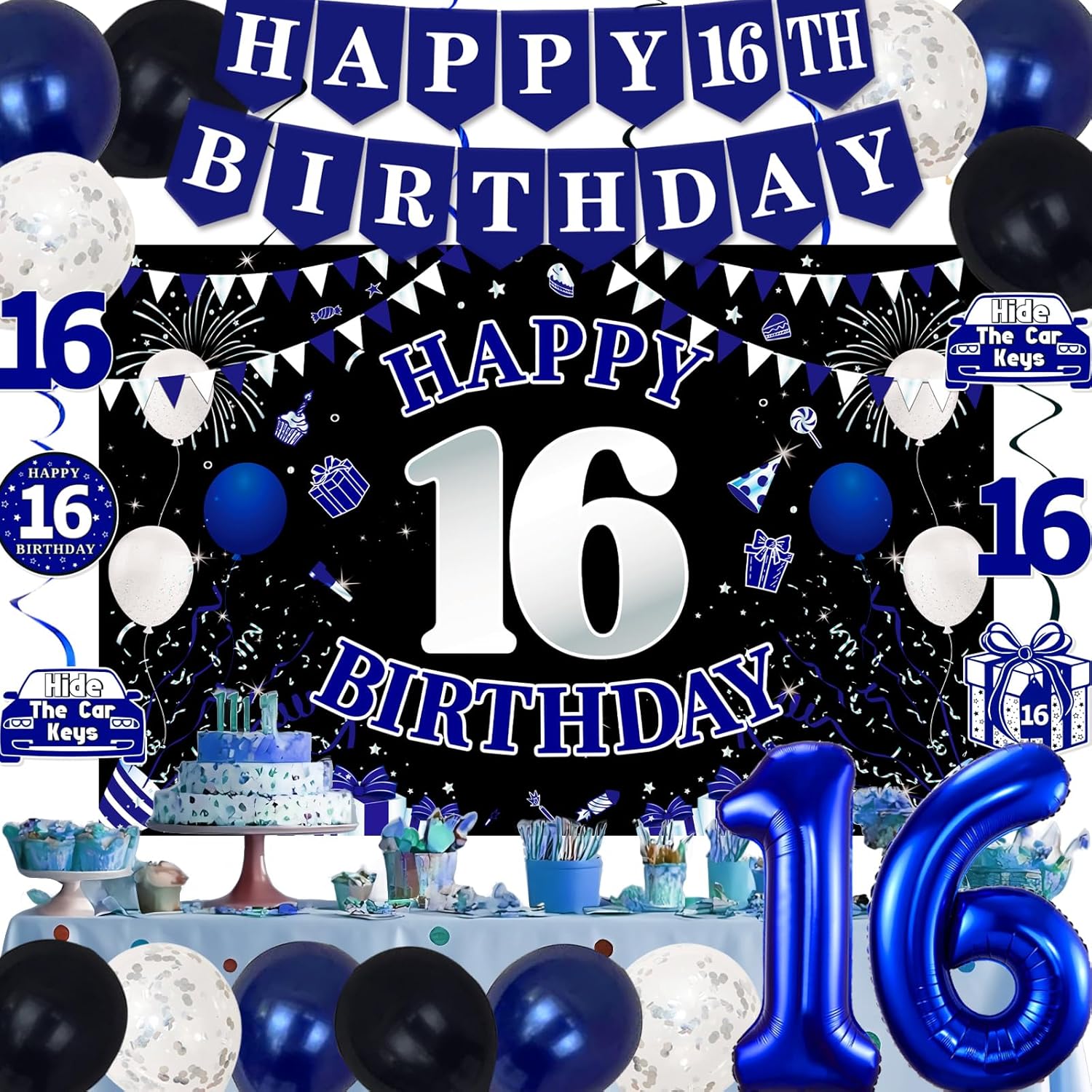 16th Birthday Decorations for Boys Girls, Blue Black Happy 16th Birthday Party Decorations, Happy 16th Birthday Backdrop, Foil Balloons 16, Banner, Balloons, Hanging Swirls, Birthday Cards Set 45pcs - Image 5