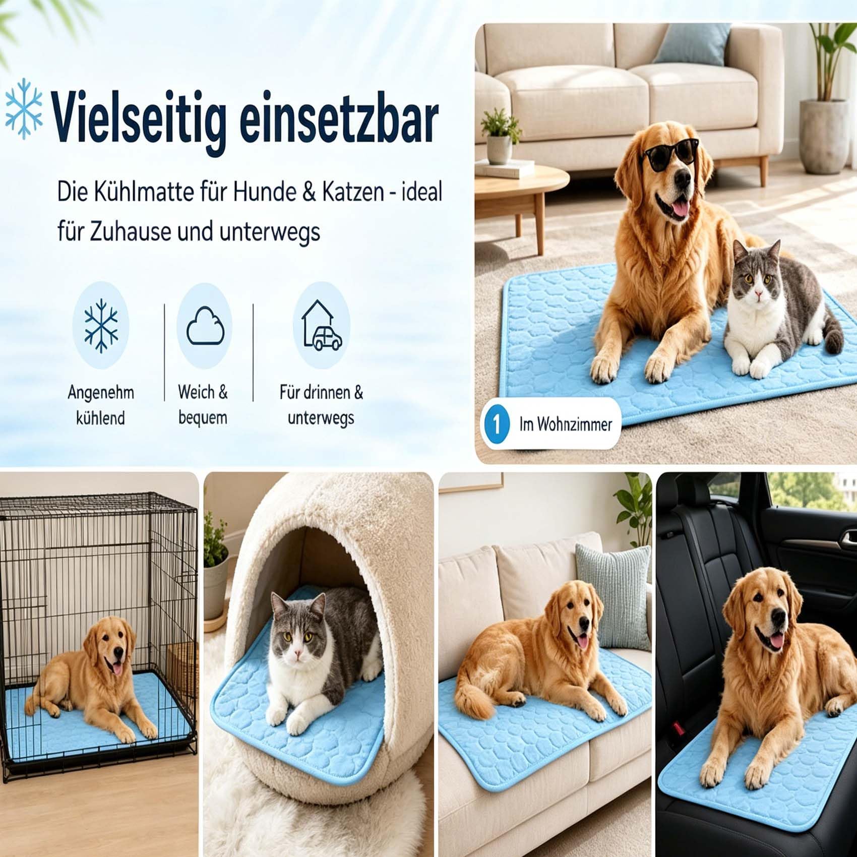 Leyof kühlmattе Katze ohne Gel, KüHlmattes füR Hunde & Katzen — Waschbar, Ideal füR Den Sommer, füR Innen- und AußEnbereich Geeignet (Blau,L)