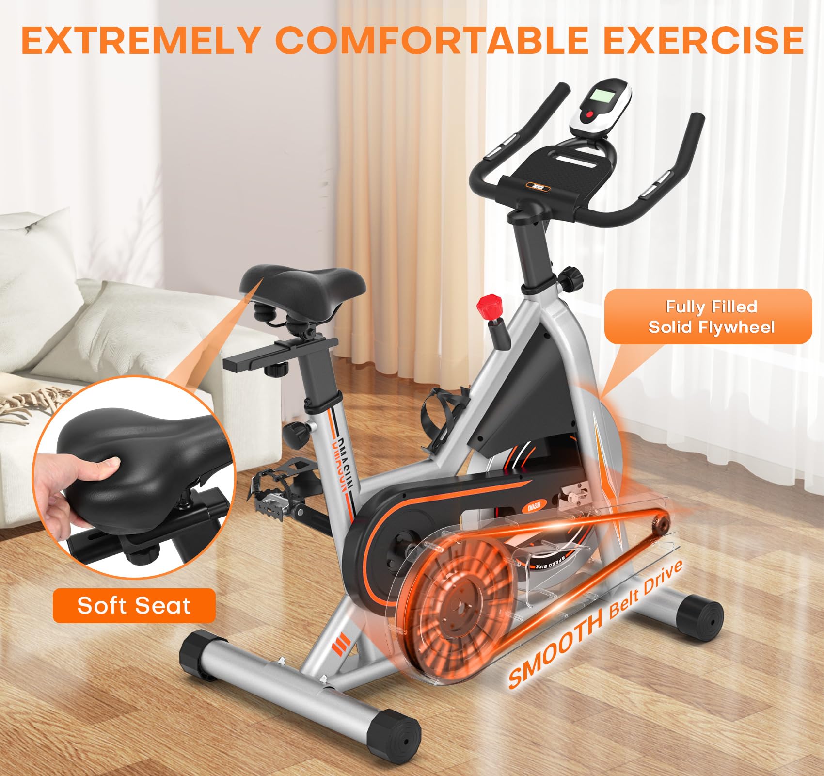 DMASUN Magnetic Indoor Cycling Bike - Super Quiet Exercise Bike With LCD Display, 350 Lbs Capacity, Comfort Seat