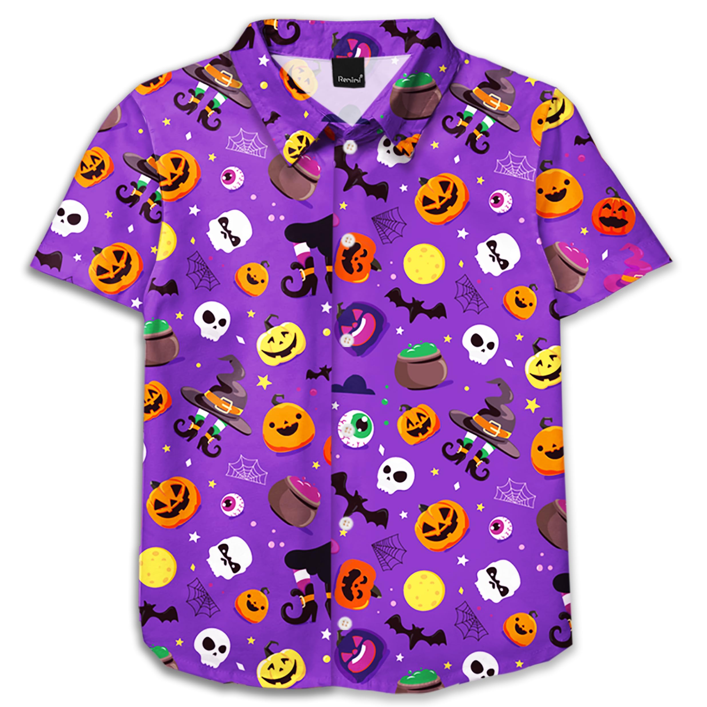 Remimi Unisex Kids Halloween Shirt Boys Pumpkin Ghost Shirts Hawaii Button Up Tops 5-14 Years