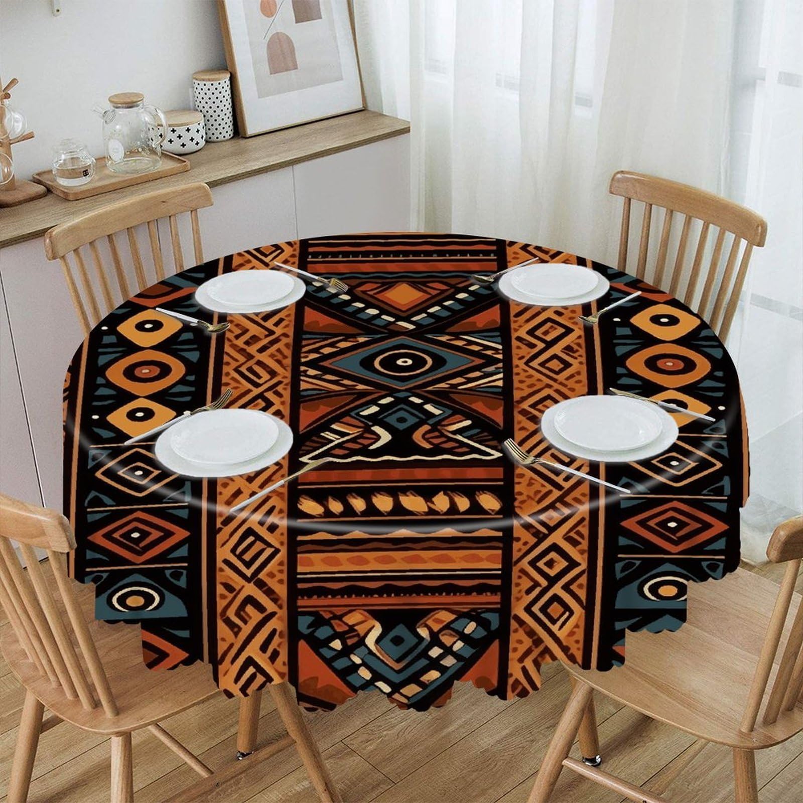 VstaDank Traditional African Design Pattern Round Tablecloth Premium Polyester Table Cloth Heavy Duty Washable Fabric Tablecloth Waterproof Holiday Table Cover Decorative Tablecloths for Dining 60"