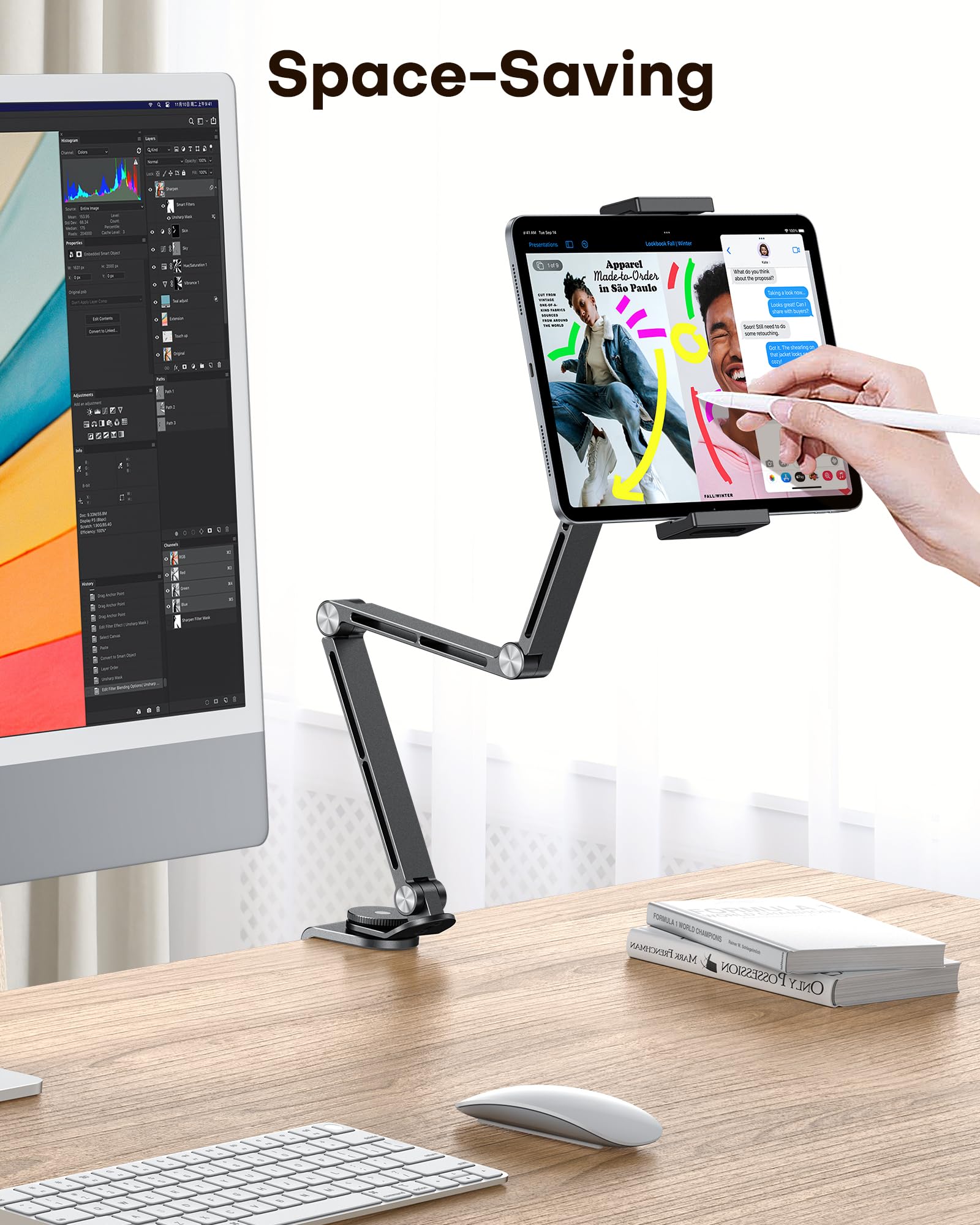 OMOTON Supporto per tablet in alluminio per scrivania, girevole a 360° per iPad, supporto regolabile per telefono da letto con braccio stabile, adatto per tutti gli iPhone/tablet fino a 12", Nero