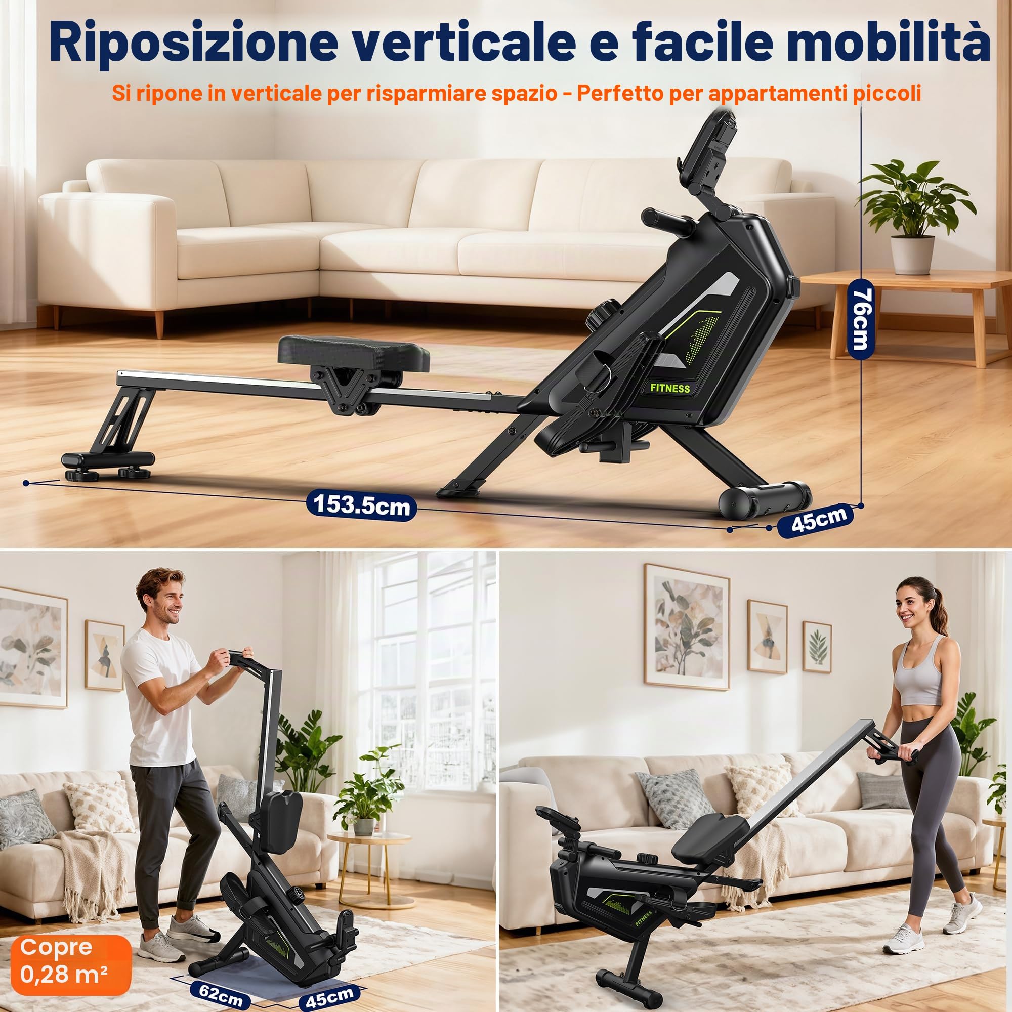 Vogatore domestico - 16 livelli di resistenza, vogatore magnetico silenzioso con app, portata 160 kg, facile da montare, compatto e salvaspazio