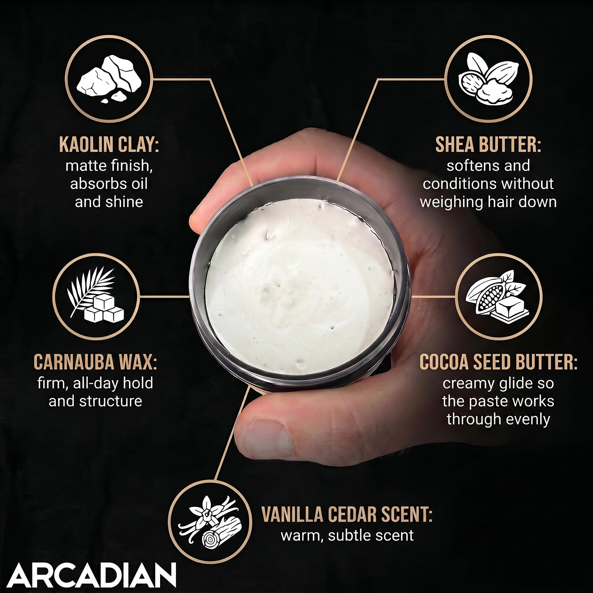 Arcadian Grooming Wanilia Cedar Matte Paste Mens Hair Styling Cream Heavy Hold Vegan Okrucieństwo Free, 4oz