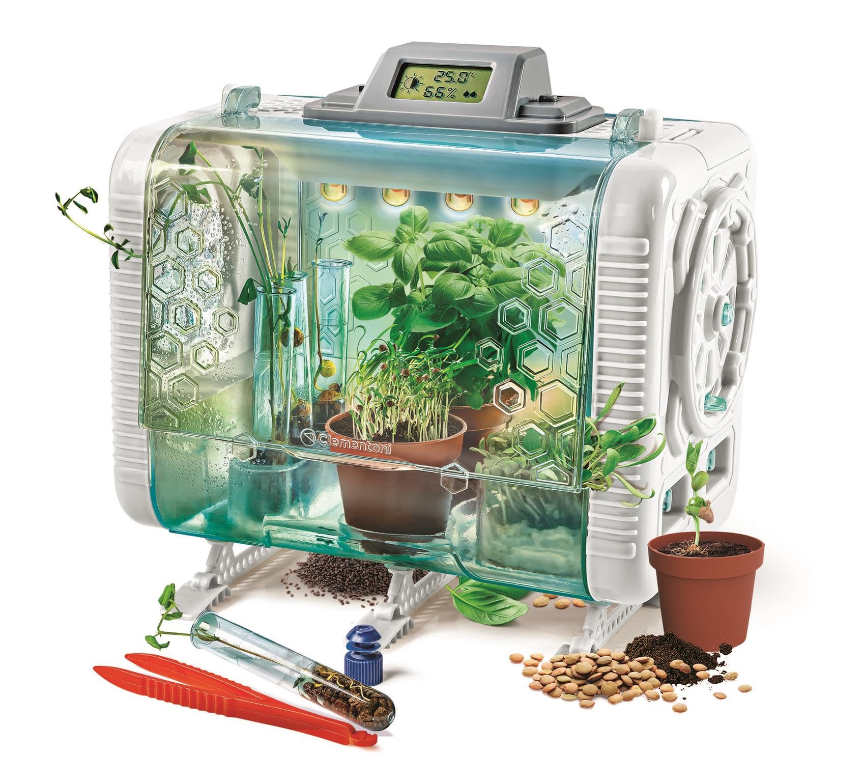Clementoni - Invernadero Tecnológico - Juego de Botánica para Niños - Experimenta con la jardineria y la Ciencia - Control de Temperatura Humedad y Luz - Pantalla LCD - A Partir de 8 Años - 55562