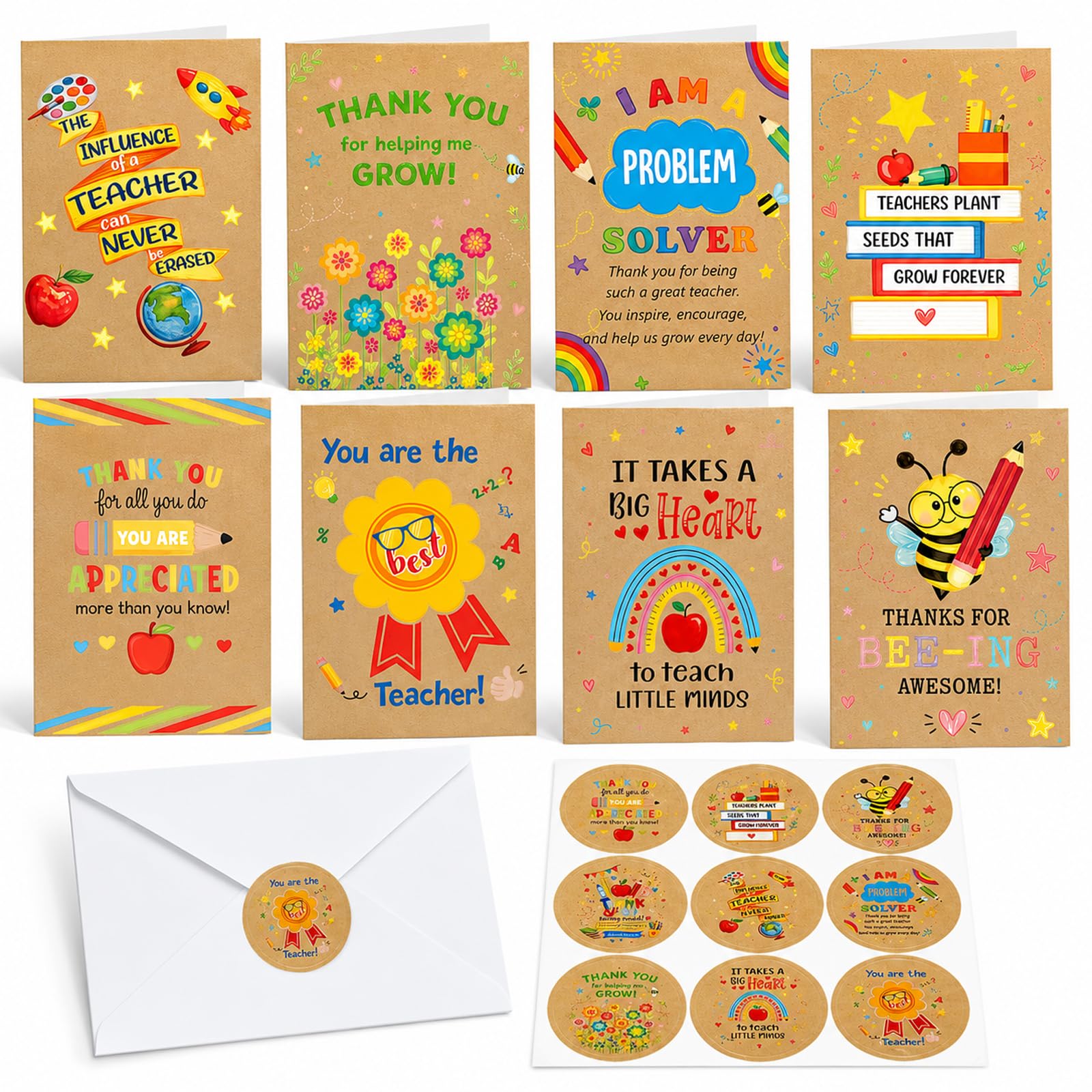 9 Pack Thank You Teacher Cards With Envelopes And Stickers, Kraft Teacher Thank You Cards Multipack, Premium Thank You Cards For Teachers, Appreciation Leaving Gifts For Teacher Men Women