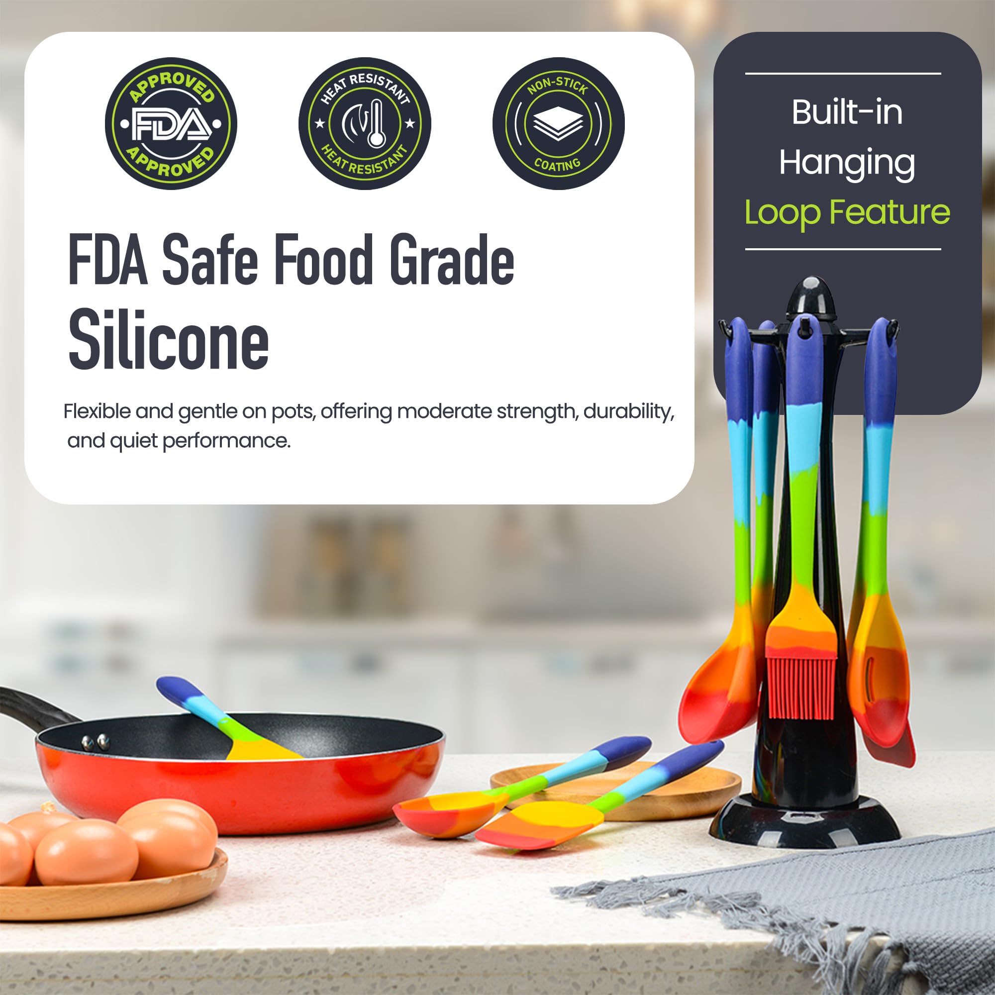 Rainbow - Juego de espátulas de silicona para cocinar y hornear, multicolor, 8 piezas resistentes al calor, utensilios de cocina antiadherentes, espátula flexible, cuchara, espátula, cepillo, seguro