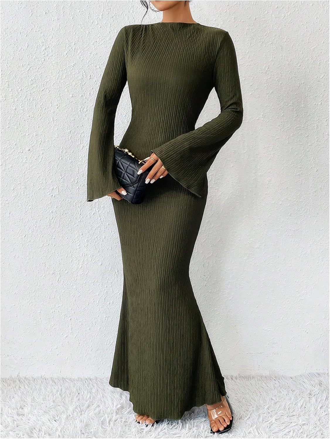 GORGLITTER Women's Bell Long Sleeve Cocktail Maxi Dress Crew Neck Bodycon Fishtail Casual Long Dresses - Image 3
