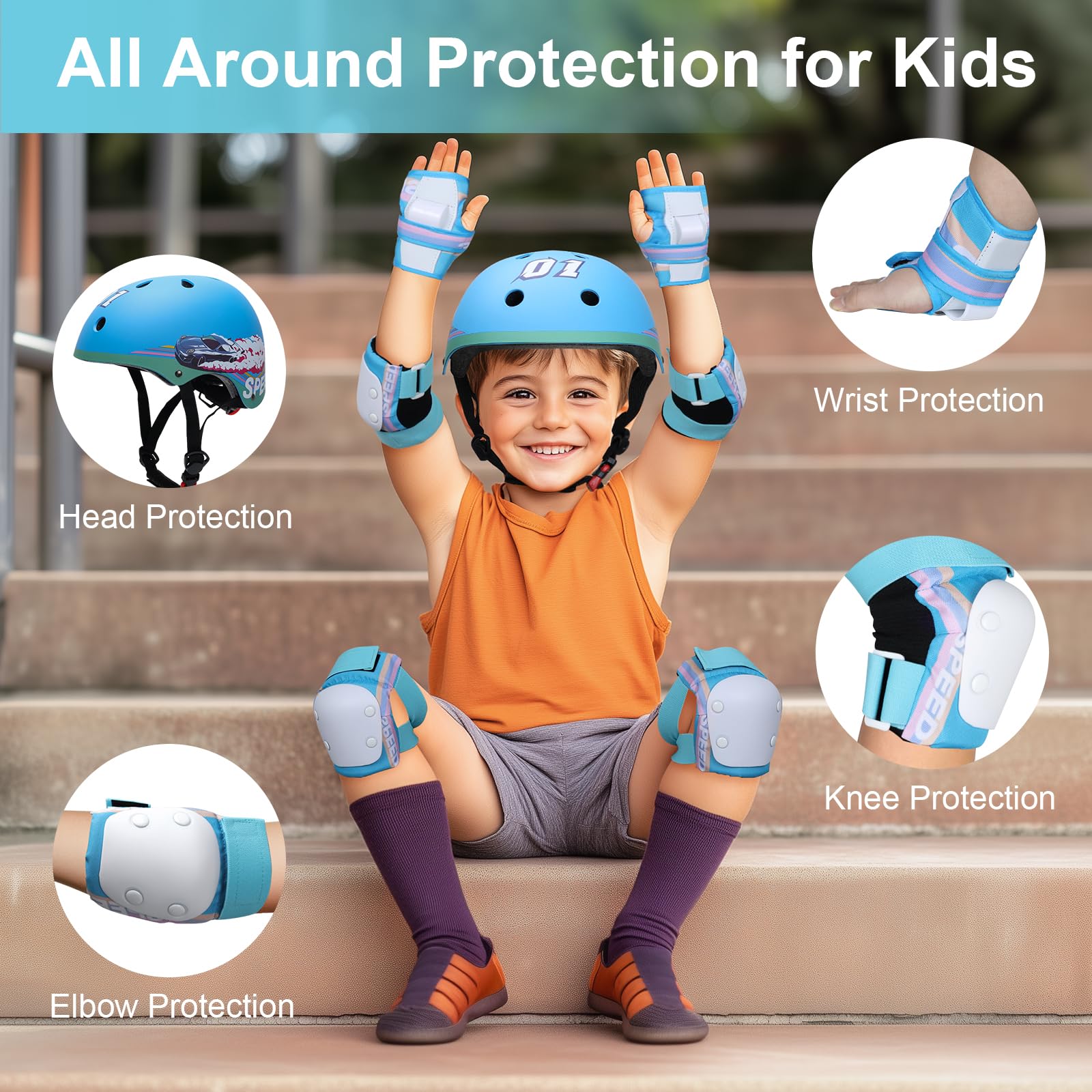 Casco da Bici per Bambini per Bambini di Età Ccompresa tra i 3 e gli 8 anni,Set di Protezioni Sportive Leggere con Ginocchiere, Gomitiere e Polsiere per lo Skateboarding/la Bicicletta/lo Scooter