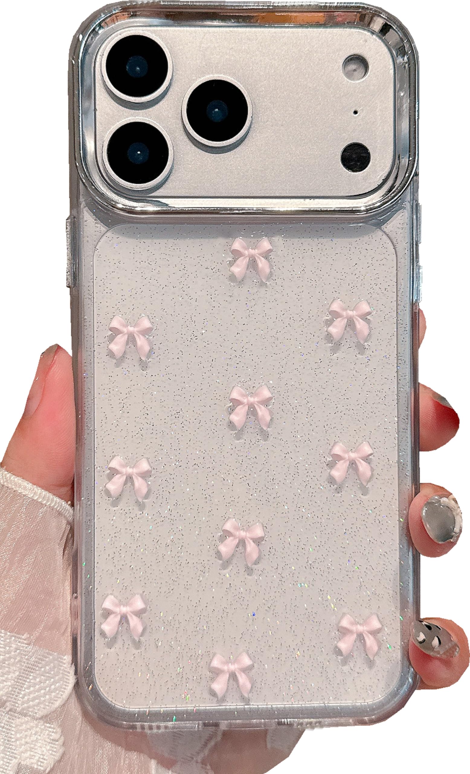 Coque iPhone 17 Pro JANDM transparente avec nœud 3D rose pailleté - 8