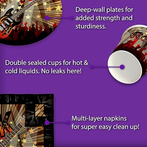 Miniatura 5 de Birthday Galore Rock Star - Juego de suministros para fiestas, platos, servilletas, vasos, vajilla para 16