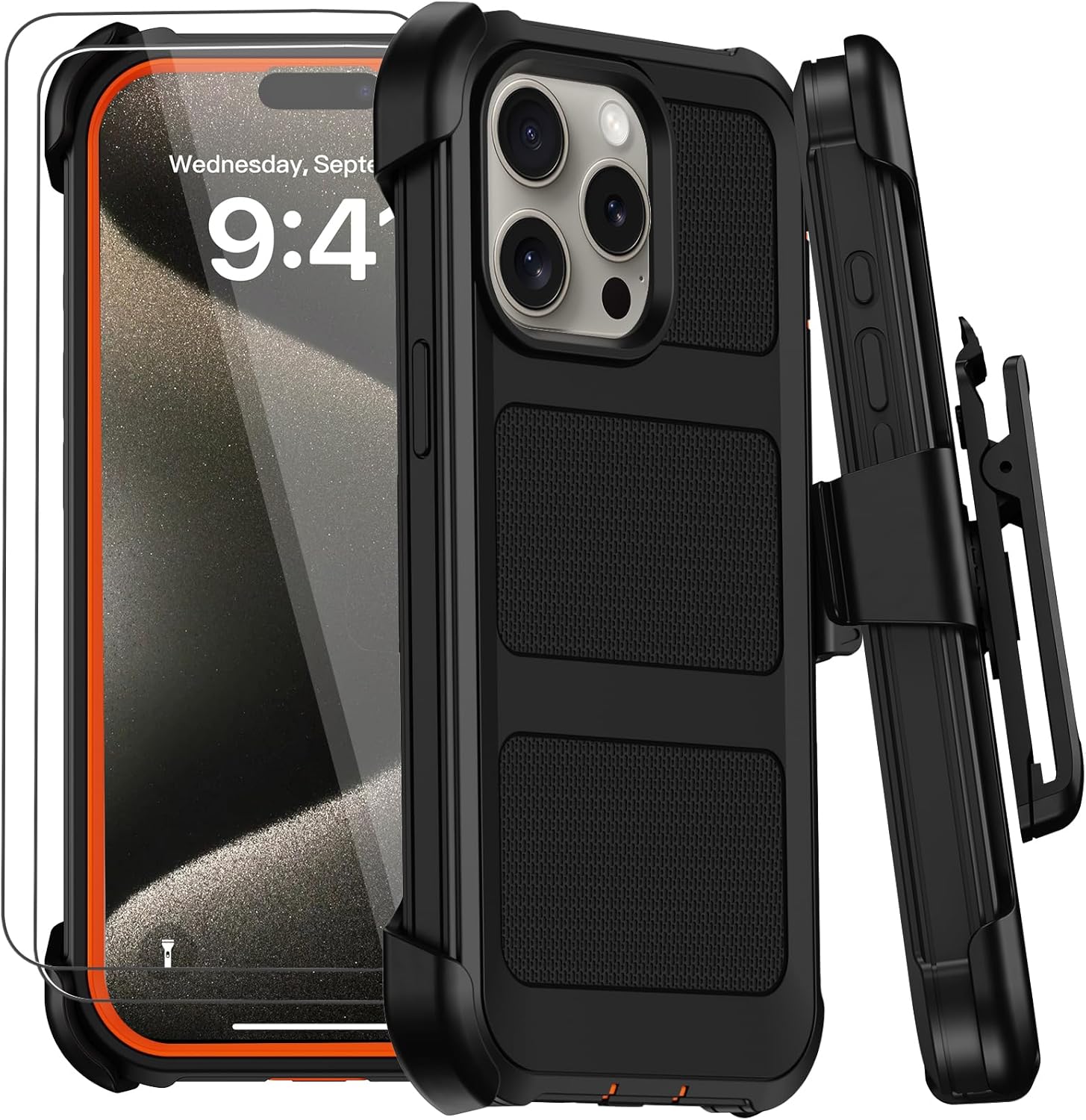 for iPhone 15 Pro Max Case with Belt Clip Holster,Military Grade Anti-Drop Shockproof Defender Phone Cases 2X Screen Protectors,2 Layers Rugged Heavy Duty Protective Bumper Cover (Black Orange)