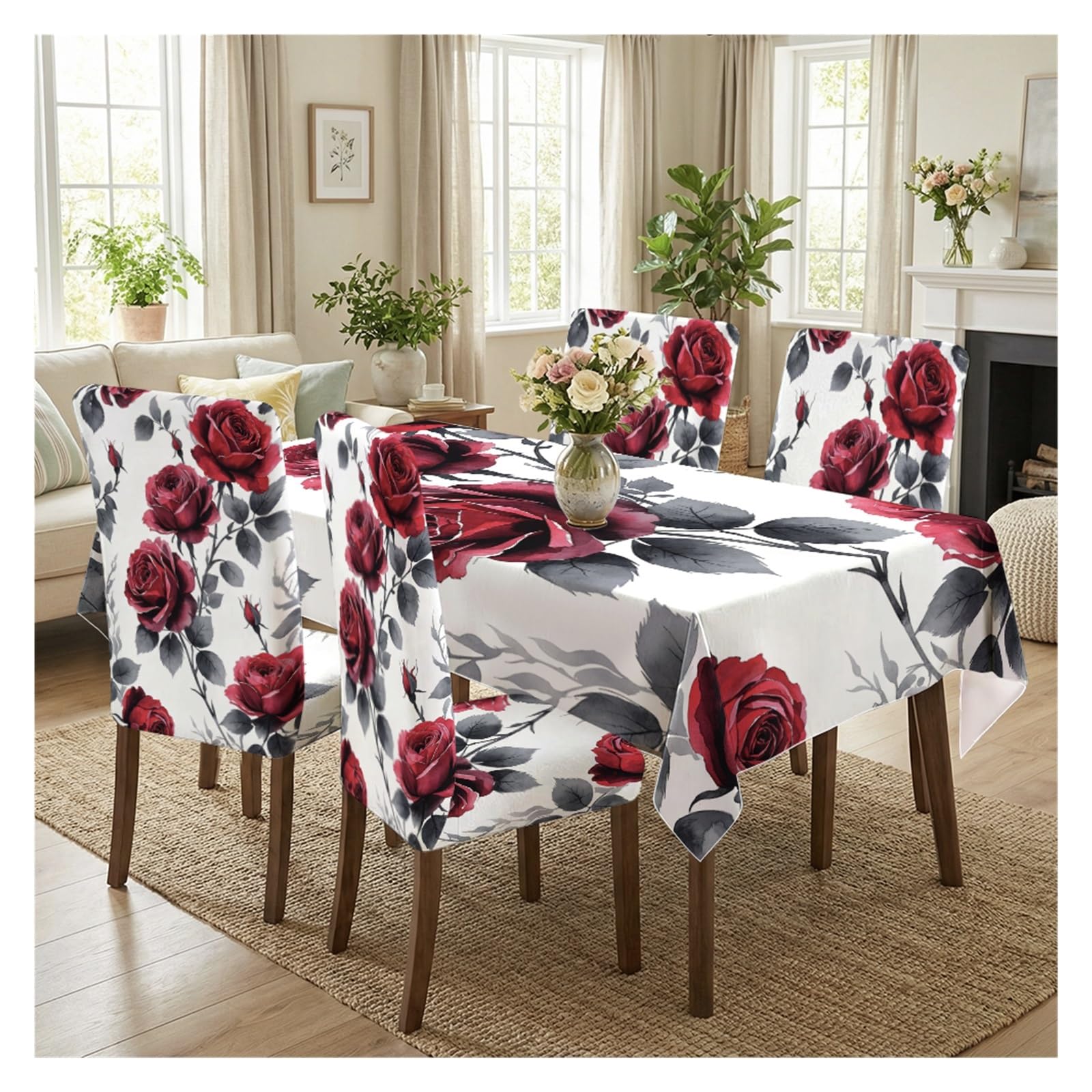 KXUAUV Deep Red Rose Floral Print Dining Tablecloth & Chair Cover Set, 5/7 Piece Botanical Slipcovers For Dining Kitchen Party Decor(5pcs Set: Tablecloth+Chair Covers)