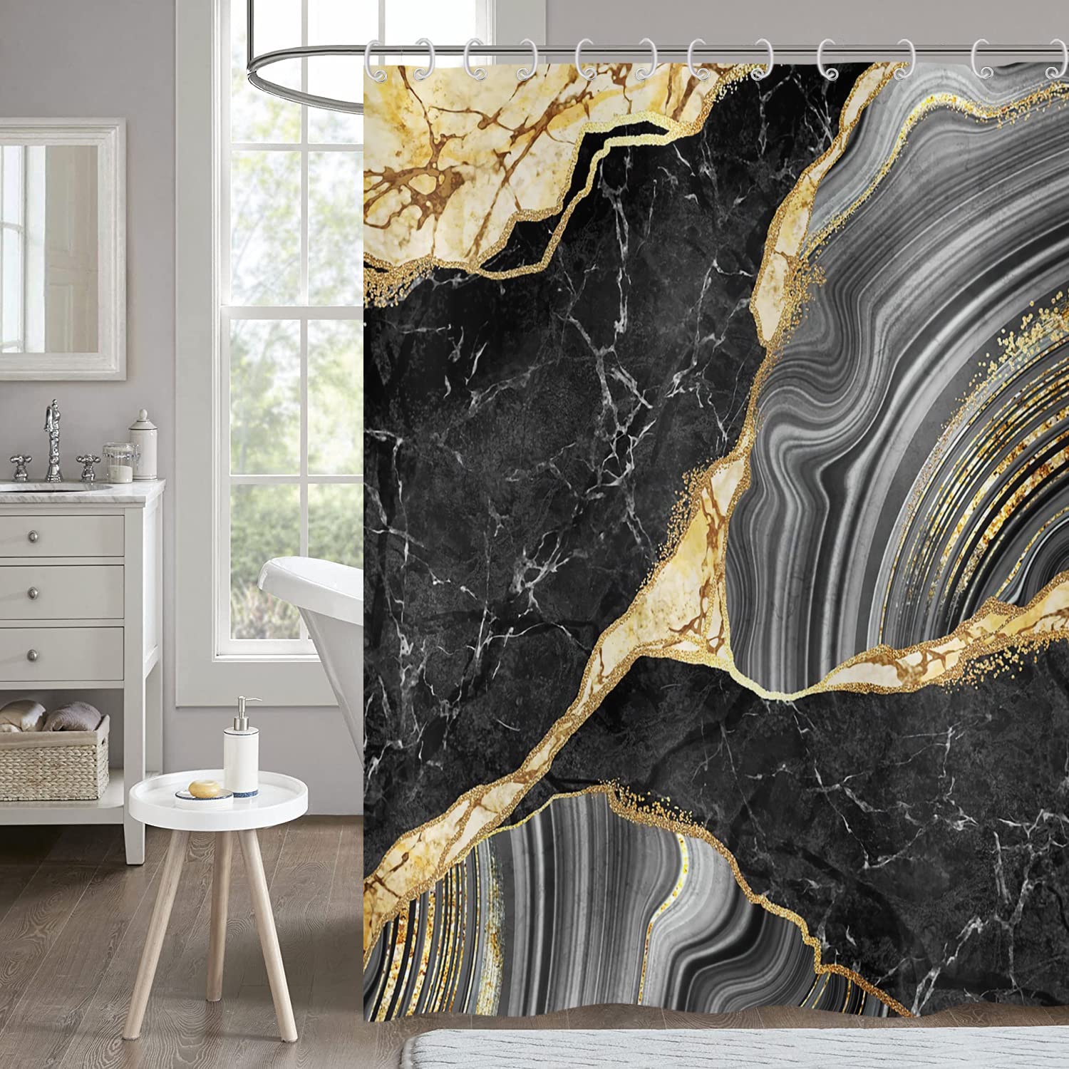 Hnmdmyi Marble Shower Curtain 90x180, Black and Gold Glitter Shower Curtains Abstract Crack Ink Texture Modern Luxury Art Bathroom Curtains with Hooks Waterproof Fabric Washable Bath Curtains