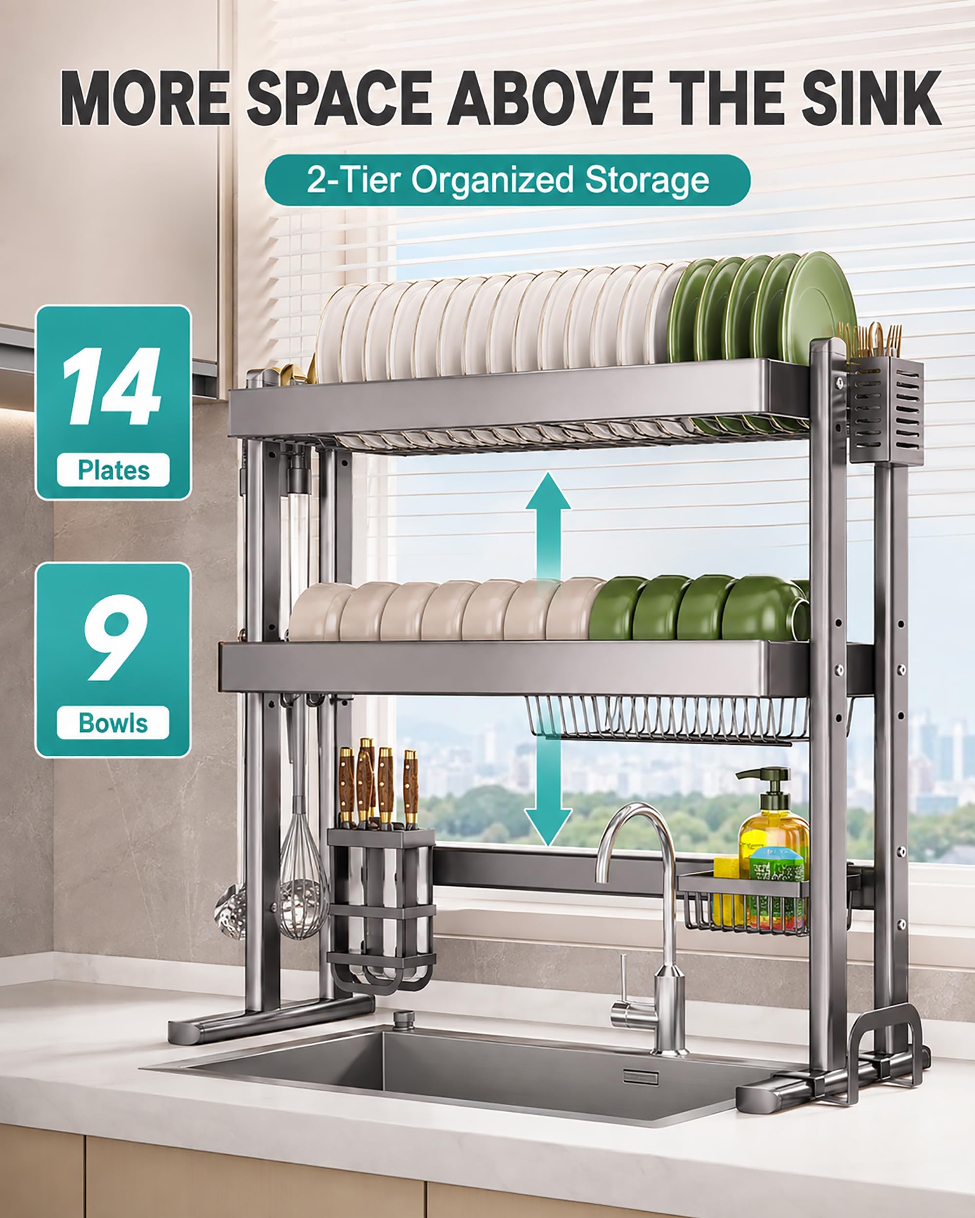 Scolapiatti da sopra Lavello Acciaio Inox - Organizer Cucina Salvaspazio con Scolapiatti Doppio Livello - Porta Utensili e Ganci - 14 Piatti e 9 Ciotole