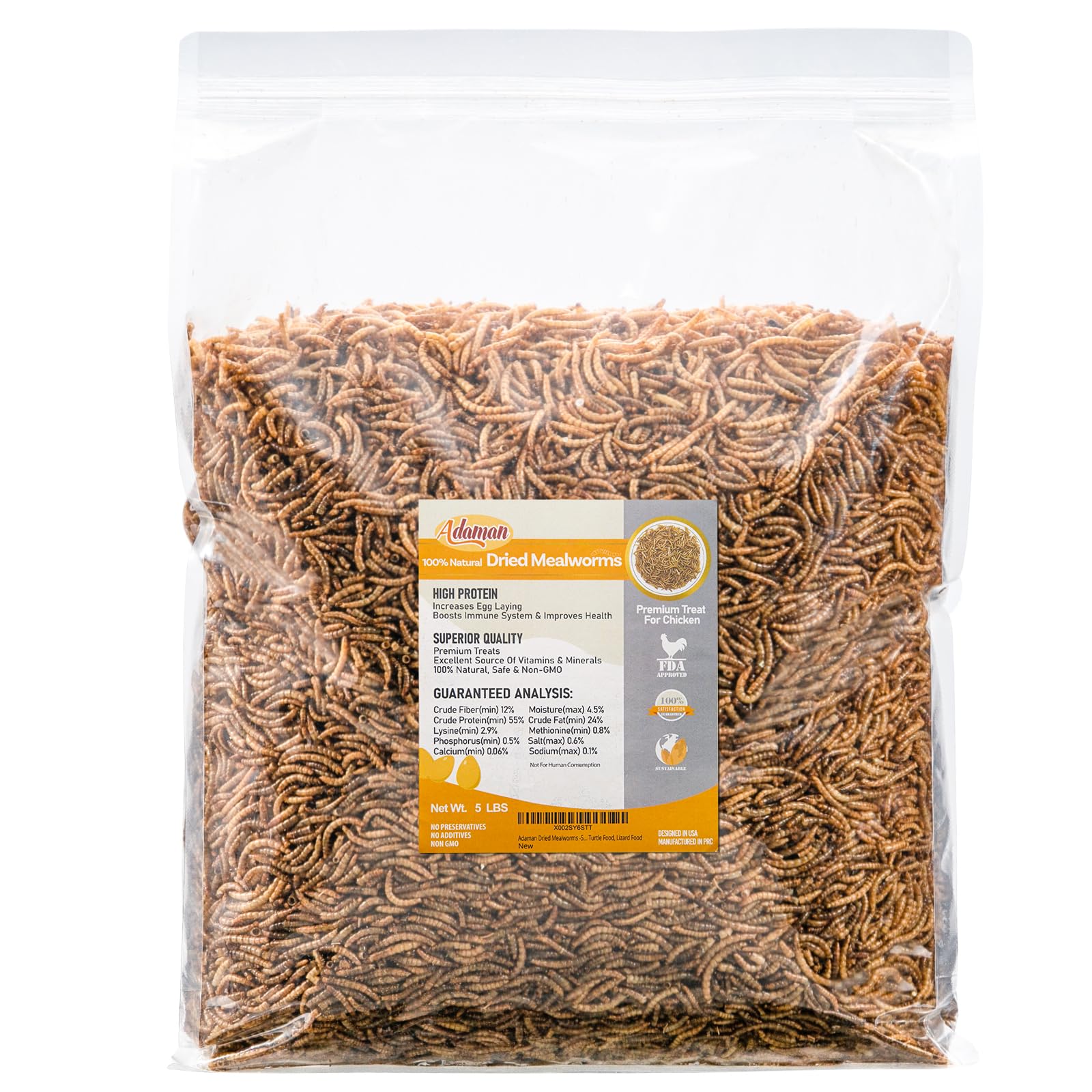 Adaman Dried Mealworms -5 LBS- 100% Natural Non GMO High Protein Mealworms - Bulk Mealworms for Wild Birds, Chicken Treats, Hamster Food, Gecko Food, Turtle Food, Lizard Food