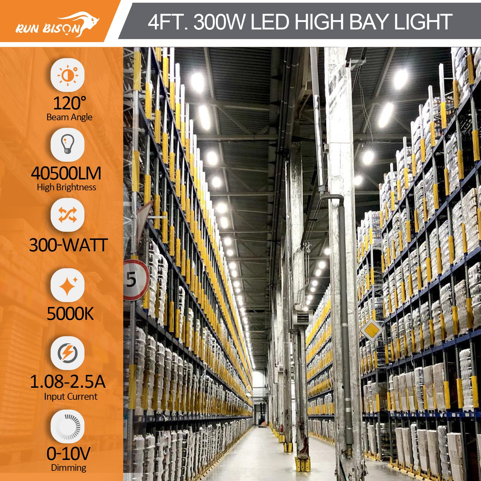 4FT LED Linear High Bay Shop Light 300W LED Shop Light Fixture 40 500lm 135LM W 120-277V 5000K — view 2