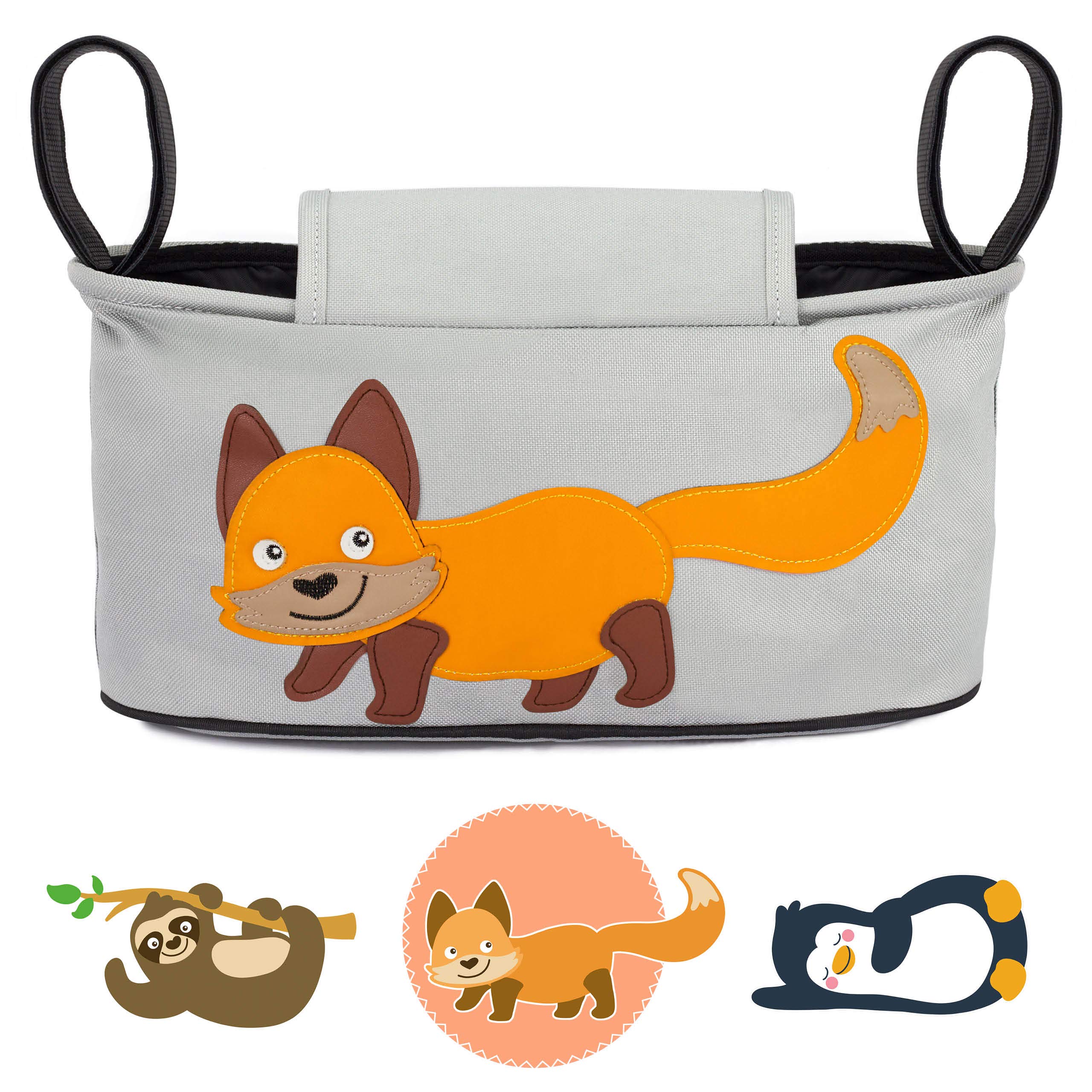 GLÜCKSWOLKE Kinderwagen Organizer - 12 Motive, Kinderwagentasche verschließbar, Kinder Buggy Tasche mit Feuchttuchspender, Aufbewahrungstasche, Baby Zubehör mit Fuchs (Willi Wildfuchs, Grau)