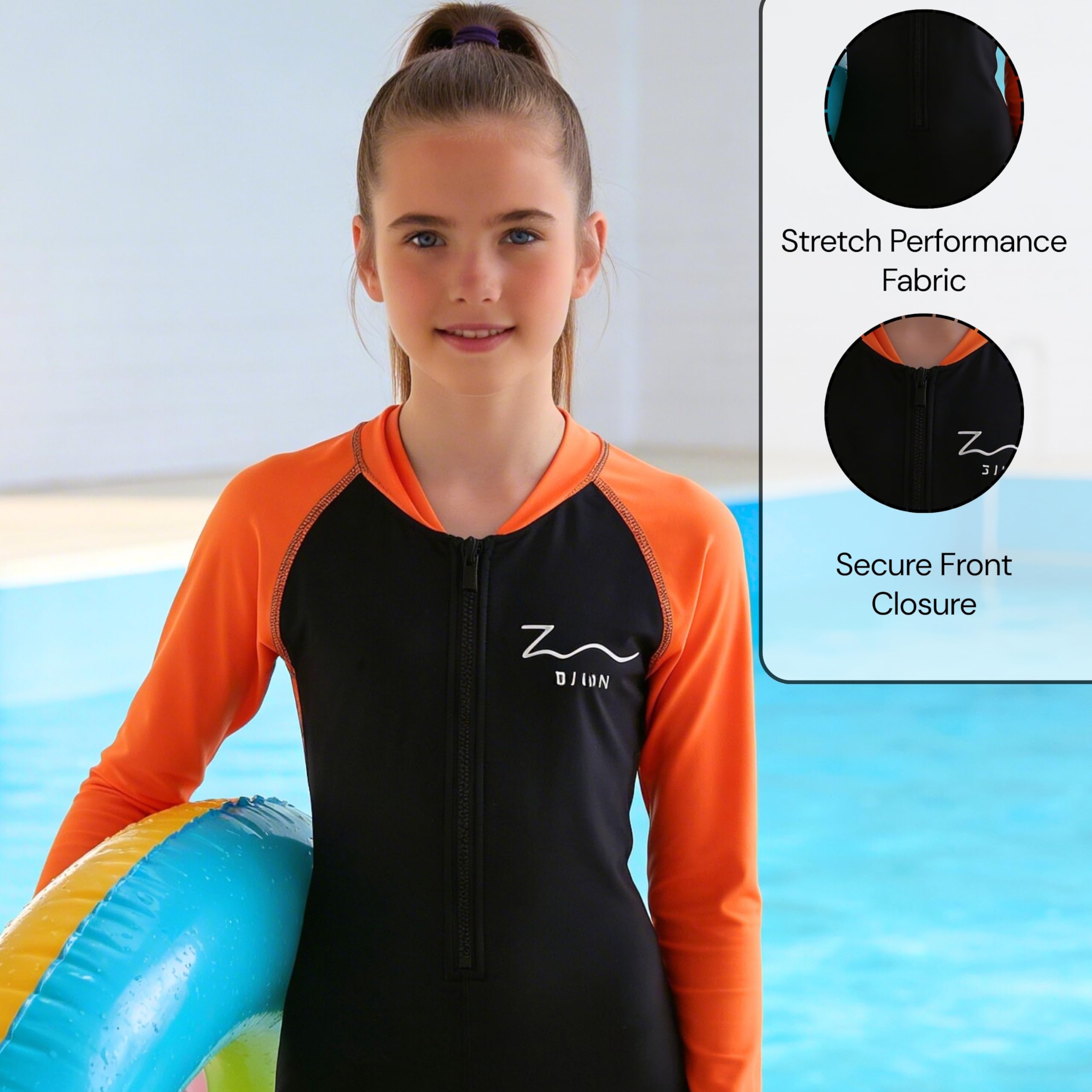 ZIUM Girls 4 Way Lycra Swimsuit Cum Diving Suit with Print & Plain Options Black Orange 3