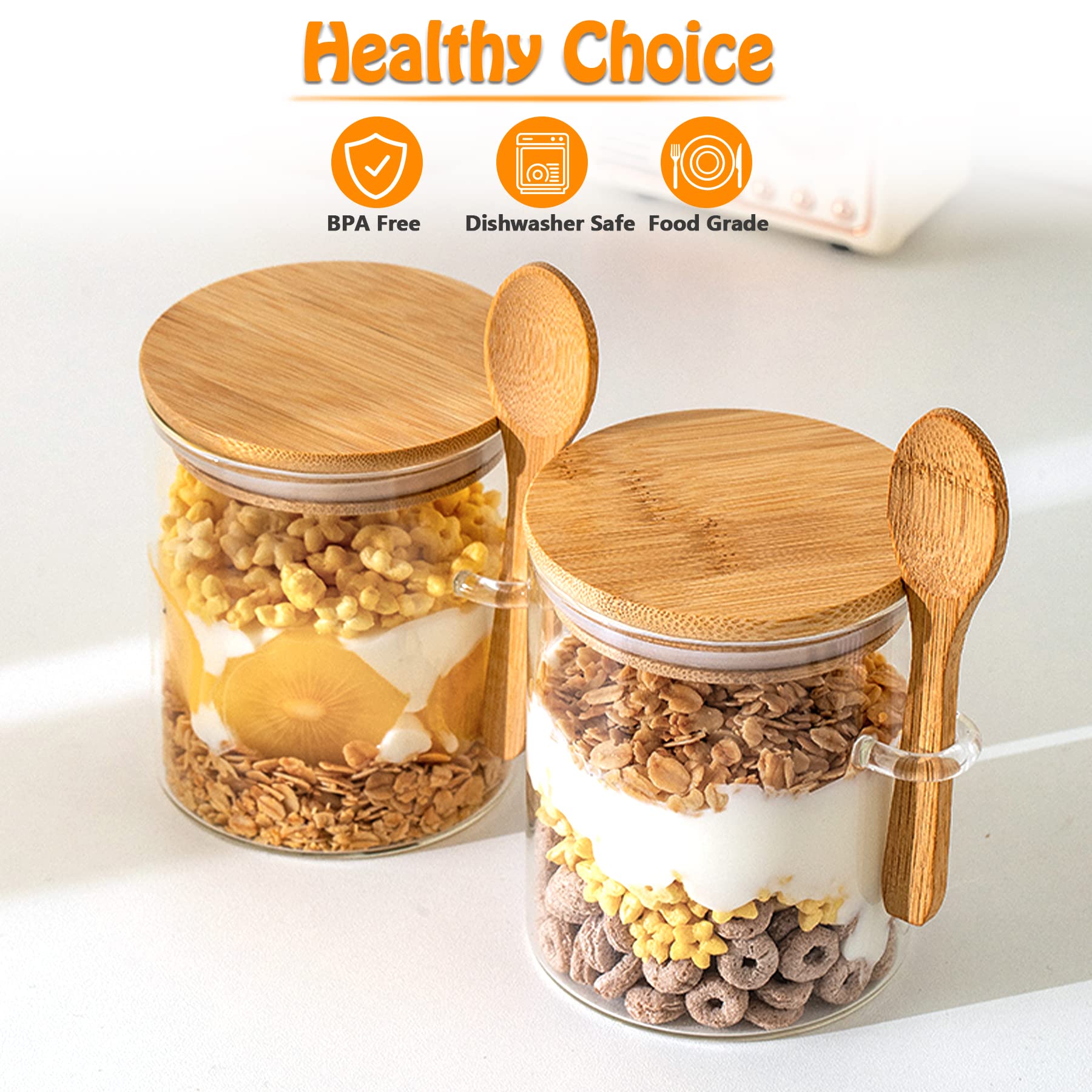 Wholede Vorratsgläser mit Deckel und Löffel, 4er Set 540ml Overnight Oats Gläser, Vorratsdosen, Glasbehälter, Meal Prep Glas, Joghurtgläser für Küche Lebensmittelaufbewahrung