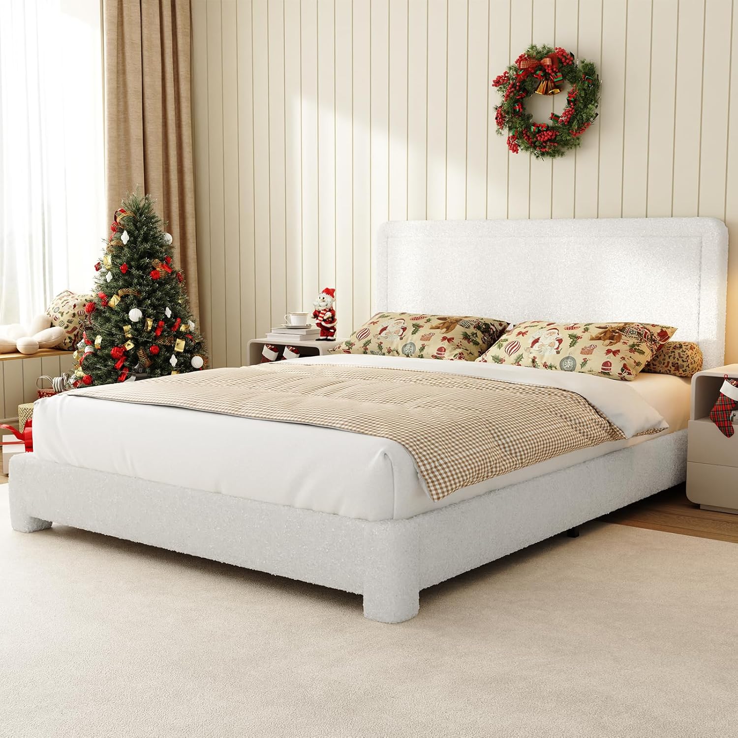 Full Size Boucle Bed Frame, Upholstered Teddy Fabric Bed Frame with Headboard, Soft Rounded Corners, No Box Spring Required, Adjustable Headboard, Easy Assembly White-updated Soft Boucle Fabric Full