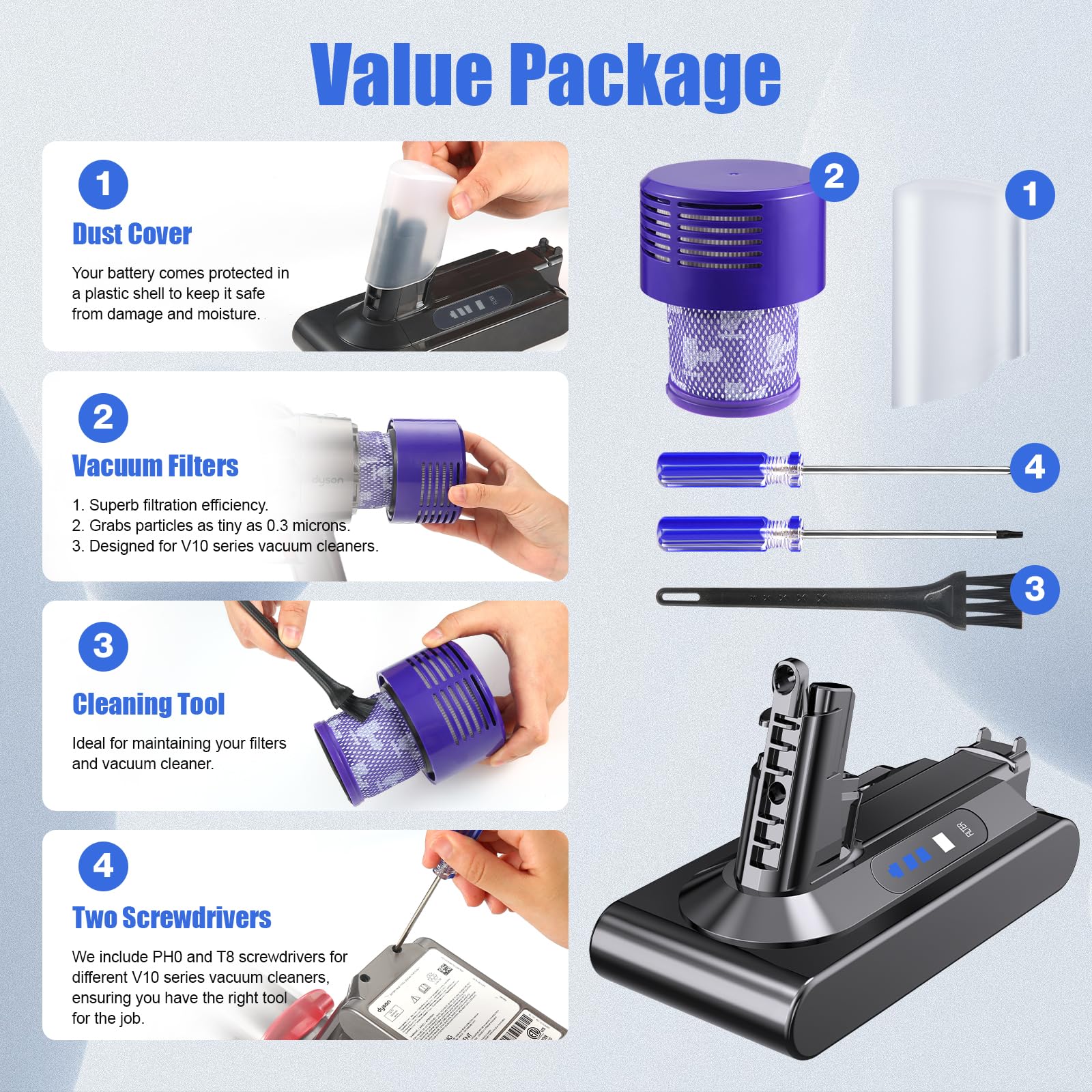 Rapthor V10, batteria sostitutiva per Dyson V10, 75,6 Wh 25,2 V SV12, compatibile con V10 Absolute, V10 Animal, V10 Total Clean, V10 Cyclone Series Aspirapolvere (non per V10 Digital Slim Fluffy)