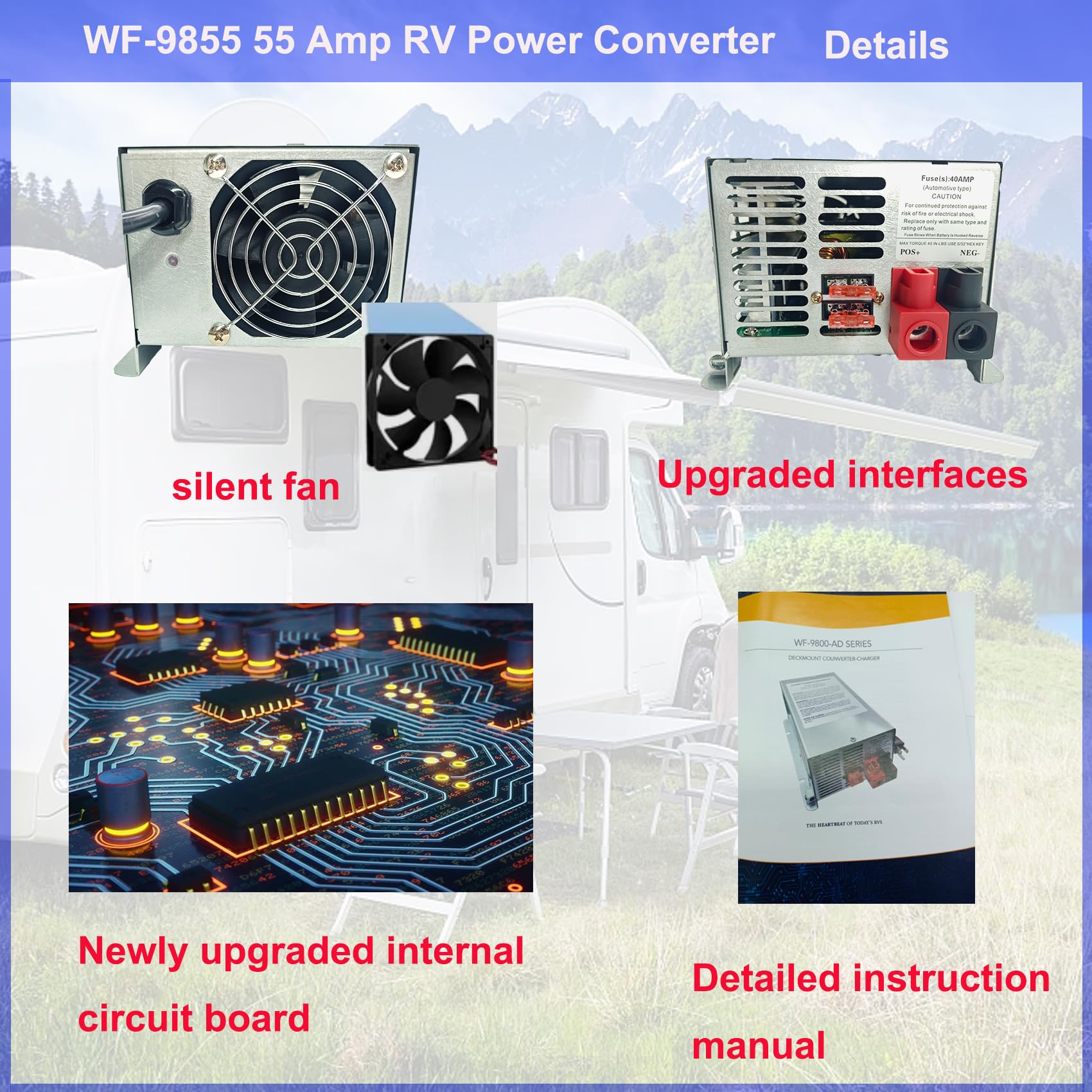 WF-9855 - Convertidor de alimentación RV de montaje en cubierta de 55 amperios, repuesto para RV, remolque, cámper, serie 9800