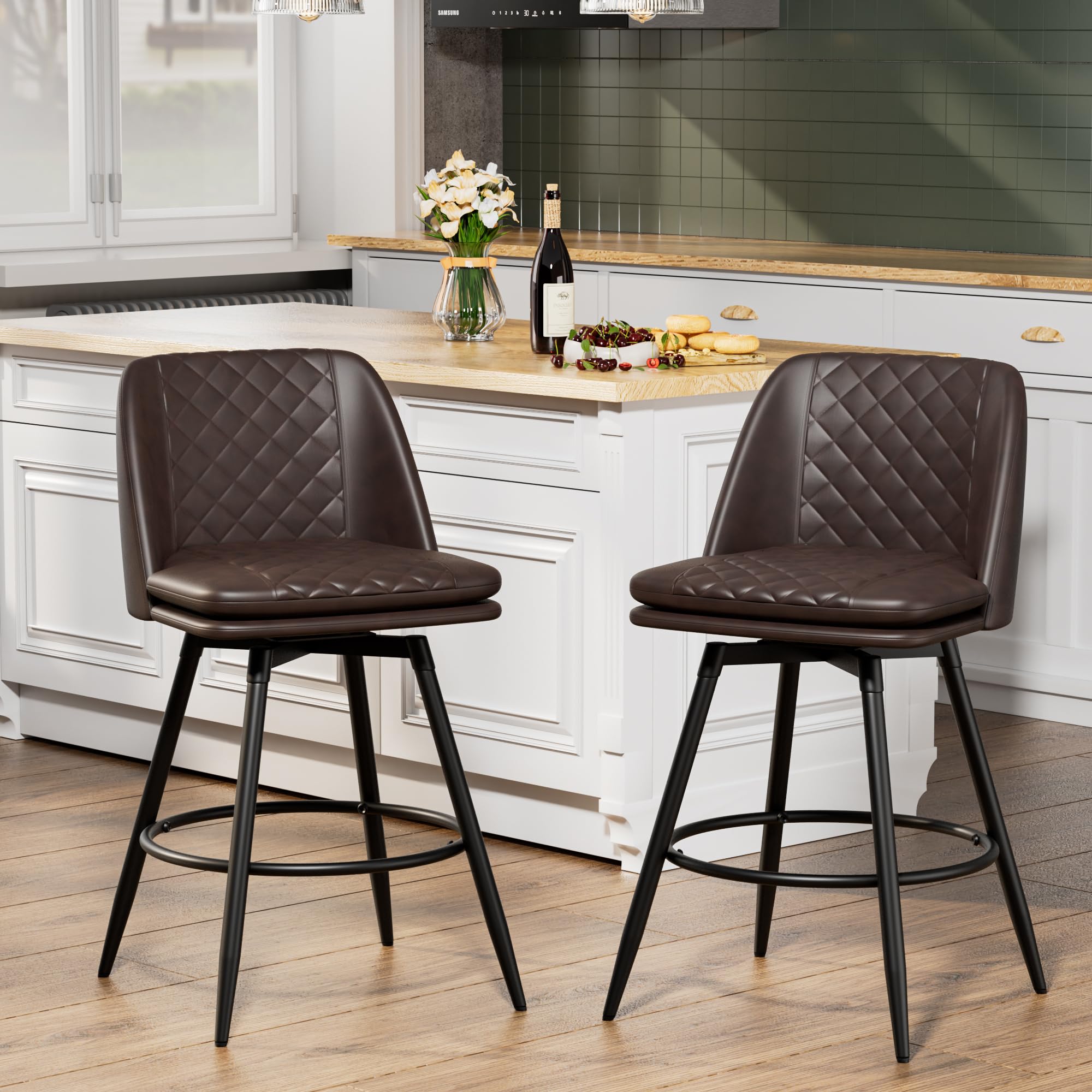 26 inch Bar Stools Set of 2, 360° Swivel Counter Height Barstools with Back, Double-Layer Upholstered Faux Leather Modern Bar Chair with Metal