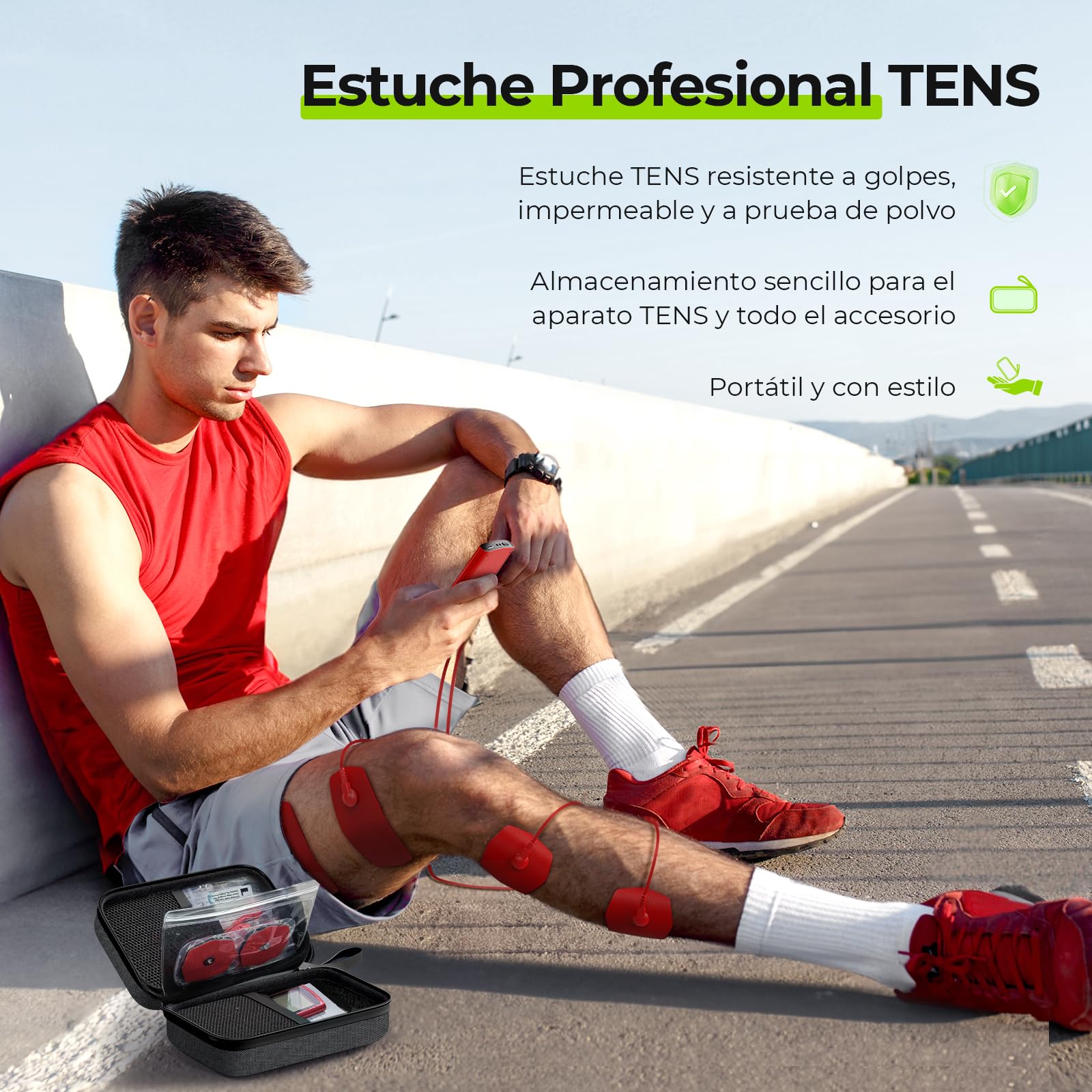 AUVON TENS Electroestimulador con estuche EVA, dispositivo de corriente de estimulación recargable para el tratamiento del dolor con 24 modos, Electroestimulador TENS incluye 12 electrodos, 2 Canales