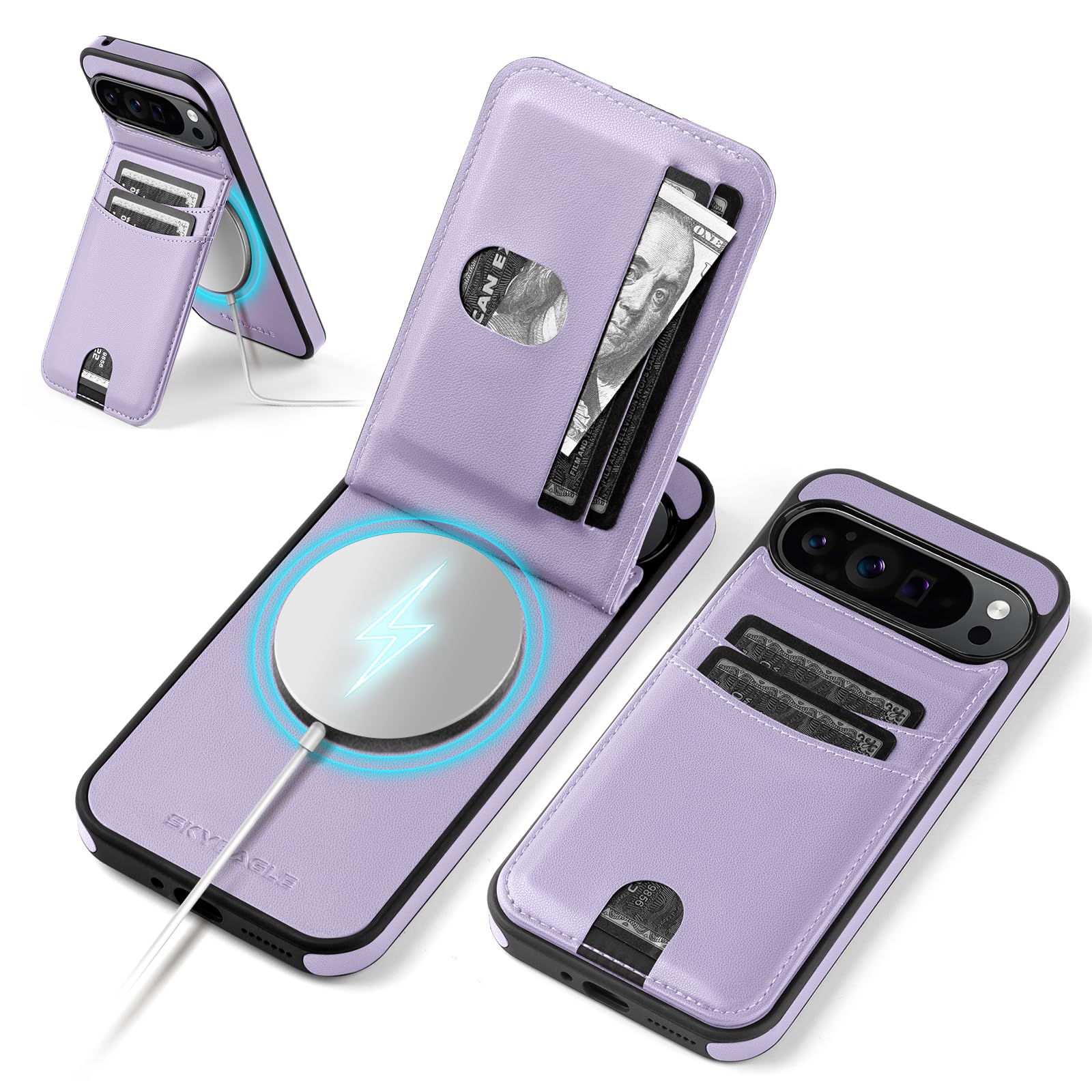 SkyEagle Compatible with Magsafe for Google Pixel 9 Pro XL Wallet Case Card Holder Kickstand RFID Blocking Flip Cover Credit Card Slots PU Leather Men