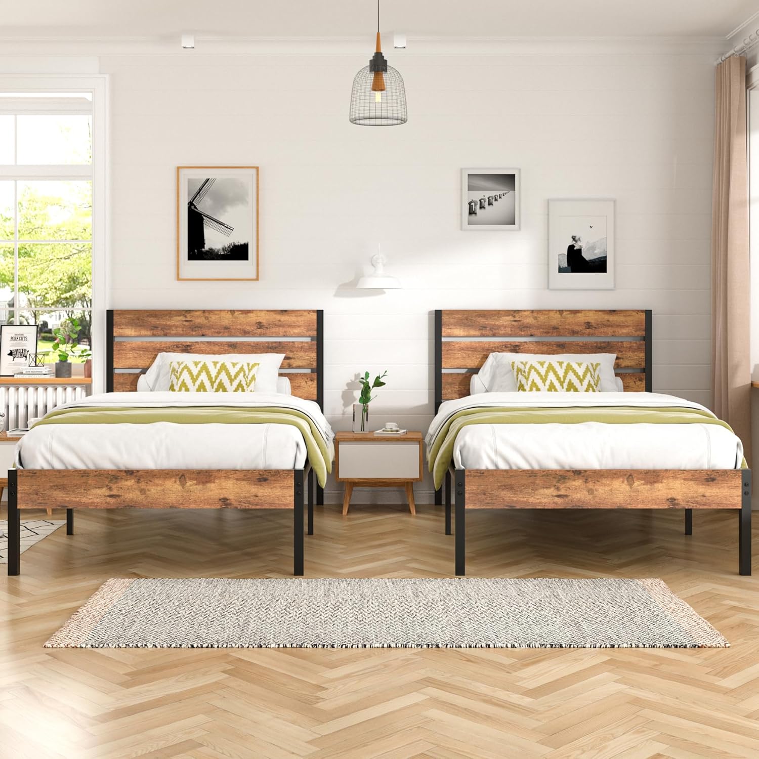 VECELO 2 Set Bed Frame Twin Size with Wooden Headboard and Footboard, Heavy-Duty Platform Frames with Metal Slats Support System, 12 inch Under-Bed Storage, No Box Spring Needed, Rustic Brown