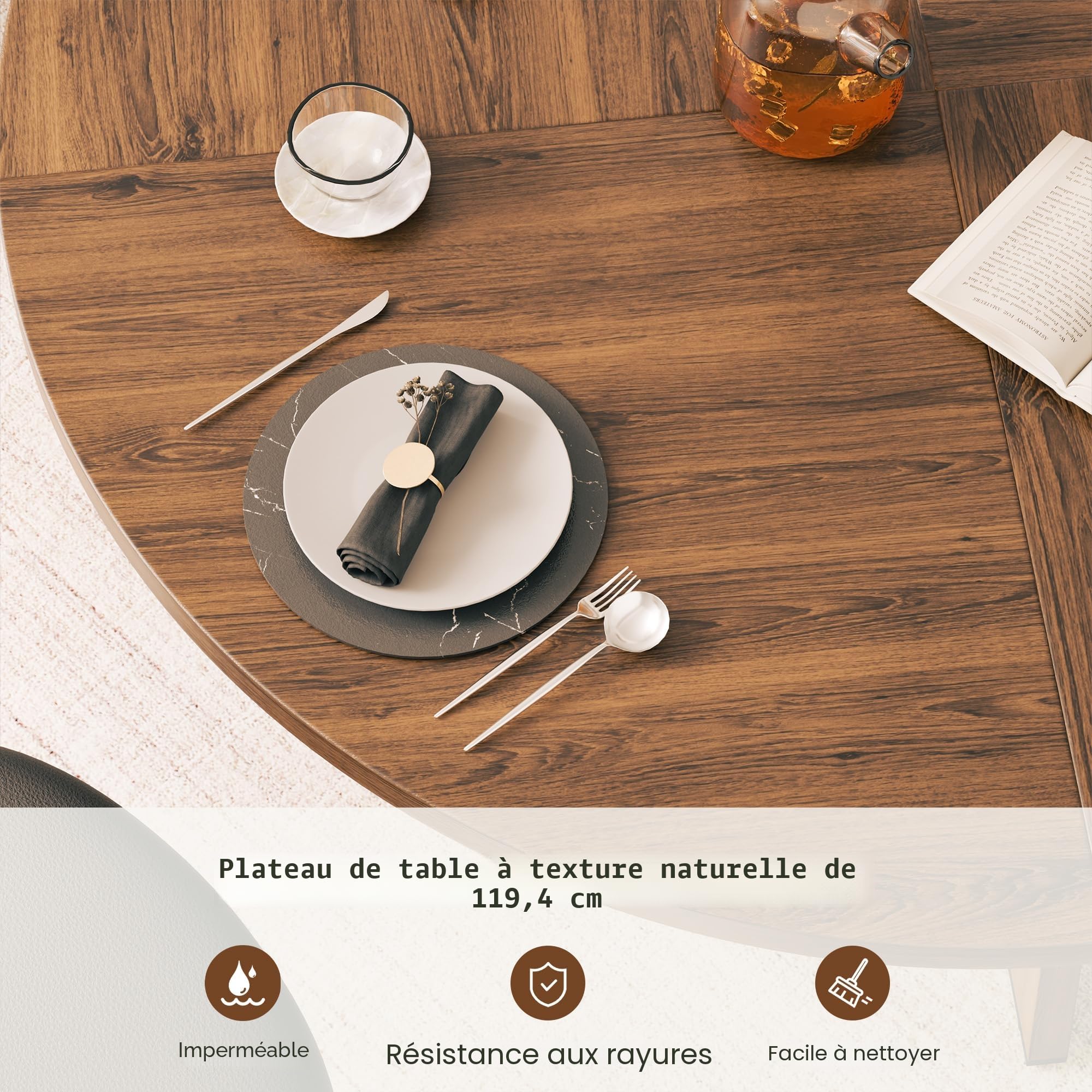 YOUDENOVA Table à Manger 120 cm, Rétro Table Ronde, Table à Manger Bois, Table de Cuisine 4 à 6 Personnes, Convient aux salles à Manger et aux Cuisines, Brun (Une Seule Table)