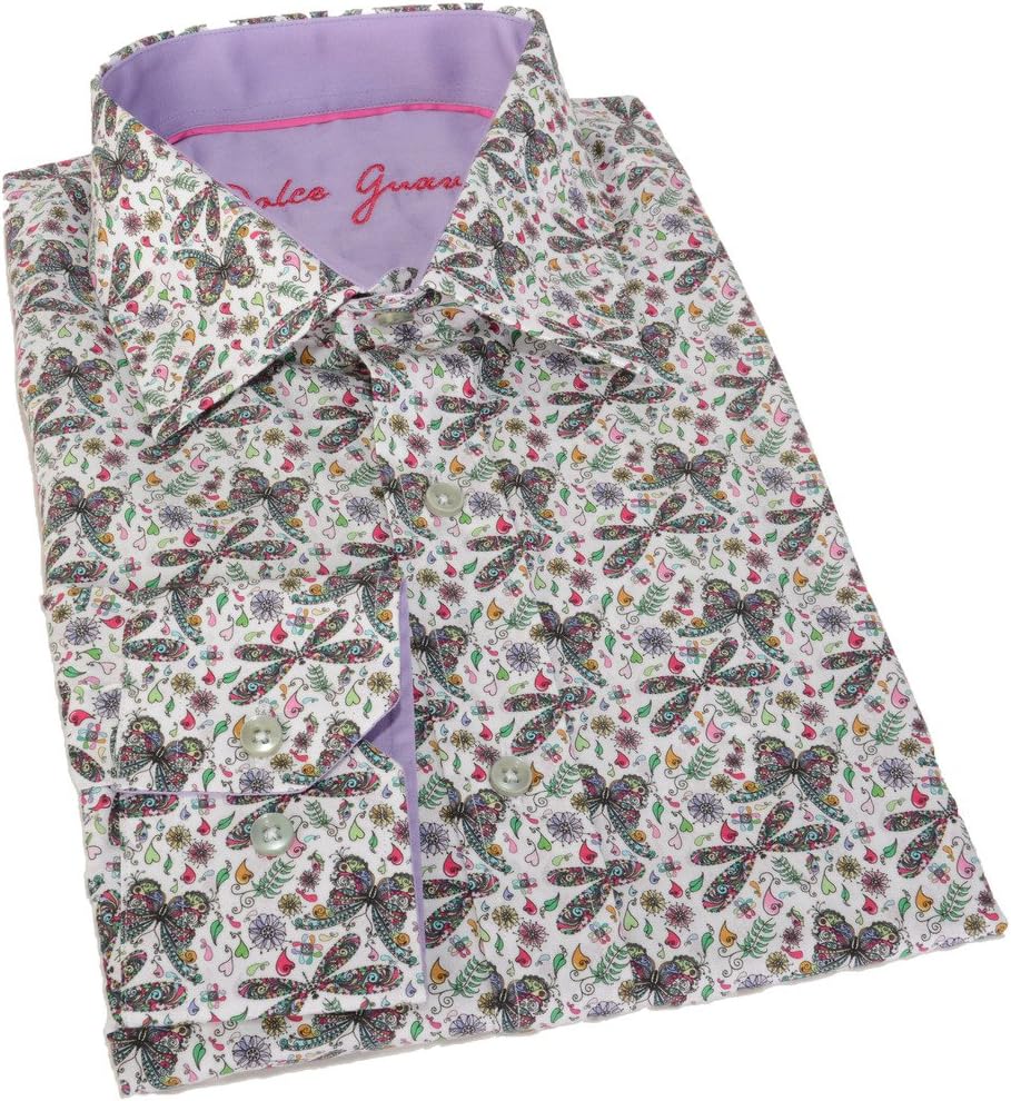 Dolce Guava White Floral Butterfly Button Down Semi-Fitted Shirt