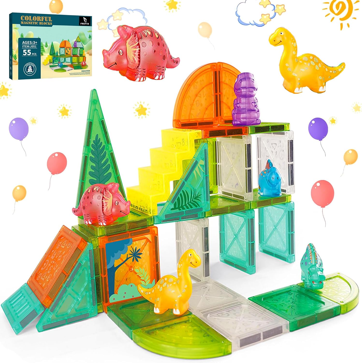Dinosaur Magnetic Tiles Building Set for Kids – STEM Magnet Animals Toys with Cute Dinosaurs and Plants, Educational 3D mini Magnetic Blocks for Boys and Girls Ages 3+, Birthday