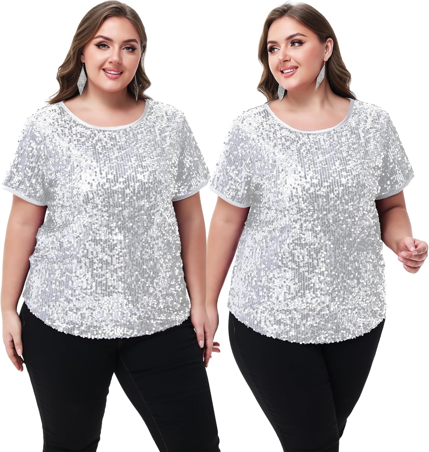 Anna-Kaci Women's Sequin Tops Plus Size Round Neck Sparkle Glitter Short Sleeve Party Tunic Blouse - Image 5