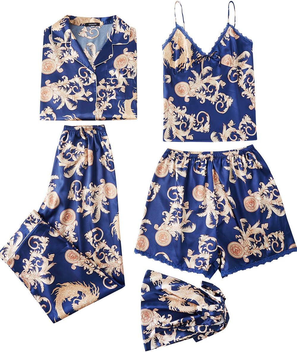 Escalier Womens 5pcs Silk Satin Pajama Set Cami Pjs Sleepwear Button Down Pj Sets Loungewear