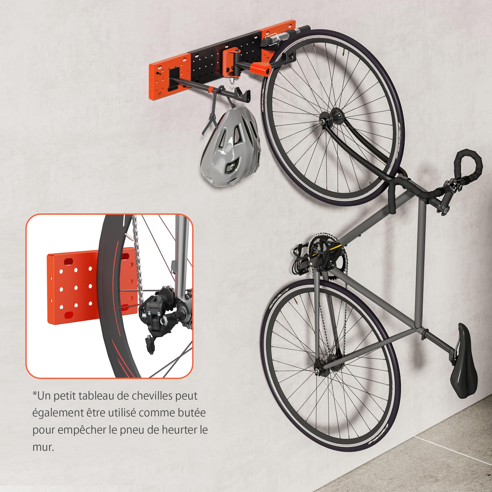 Mimoke Support mural pour vélo, réglable verticalement et horizontalement, capacité de charge jusqu'à 30 kg, panneau perforé avec crochet à outils, peu encombrant, pliable, VTT, vélo de route